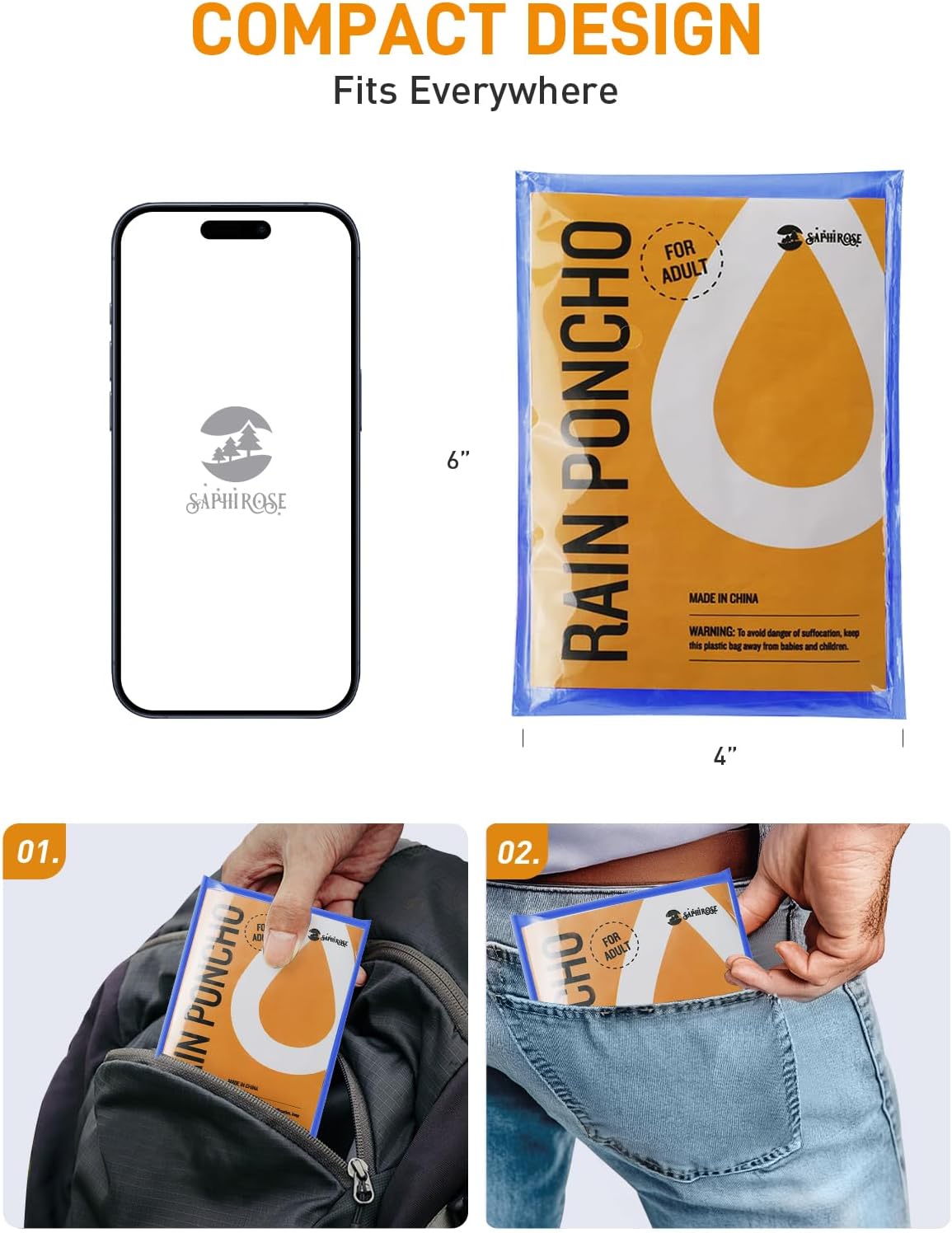 SaphiRose Disposable Rain Ponchos for Adults, 4 Pack Family Pack Clear Emergency Hooded Raincoat for Travel Camping