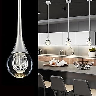 Crystal Pendant Light - Elegant LED Chandeliers Ceiling Fixture for Kitchen Islands, Dining Rooms, Bedroom, and Bar - Adjustable Height Raindrop Light, Silver Finish