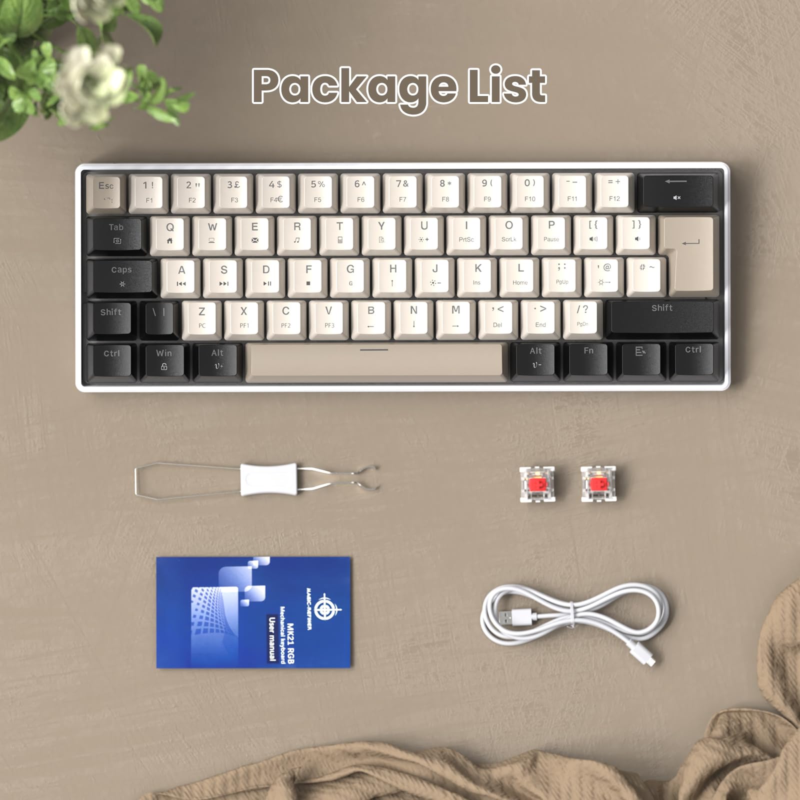 MAGIC-REFINER MK21 60% Przewodowe Mechaniczne Klawiatura Do Gier USB-C Układ UK QWERTY, Liniowe Czerwone Przełączniki, Hot Swappable, Ultra-Kompaktowe 62 Przyciski, RGB, Przycisk PBT, Starry White
