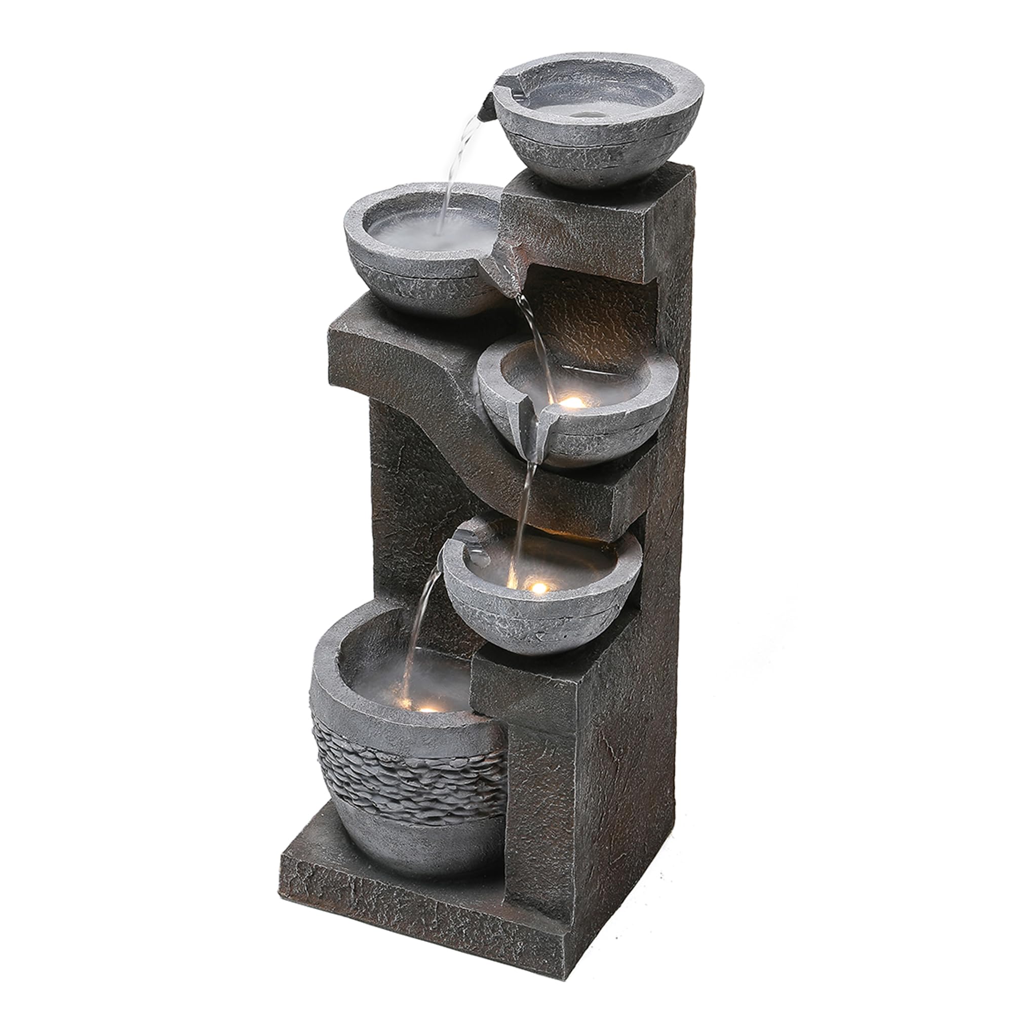 Fuente de Agua para Jardín y Exteriores, Fuente de Jardín con Iluminación LED, Cascada de 5 Niveles para Patio, Fuente Decorativa con Bombas, Decoración de Interior para Terraza, Gris