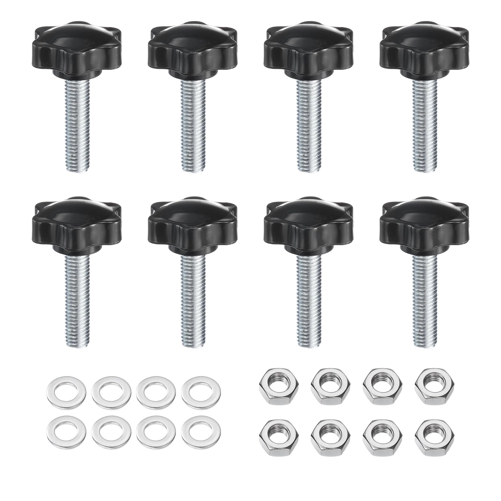 uxcell 8pcs Star Clamping Knobs with Nuts Washers, M10 x 35mm Metric Zinc Plated Carbon Steel Male Thread 38mm 6-Star Plastic Head, Threaded Stud Hand