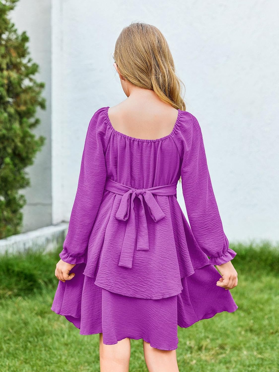 Haloumoning Girls Fall Dress Long Sleeve Off Shoulder Puff Sleeve Ruffle Tiered Layer Party Dresses 7-14 Years - Image 3