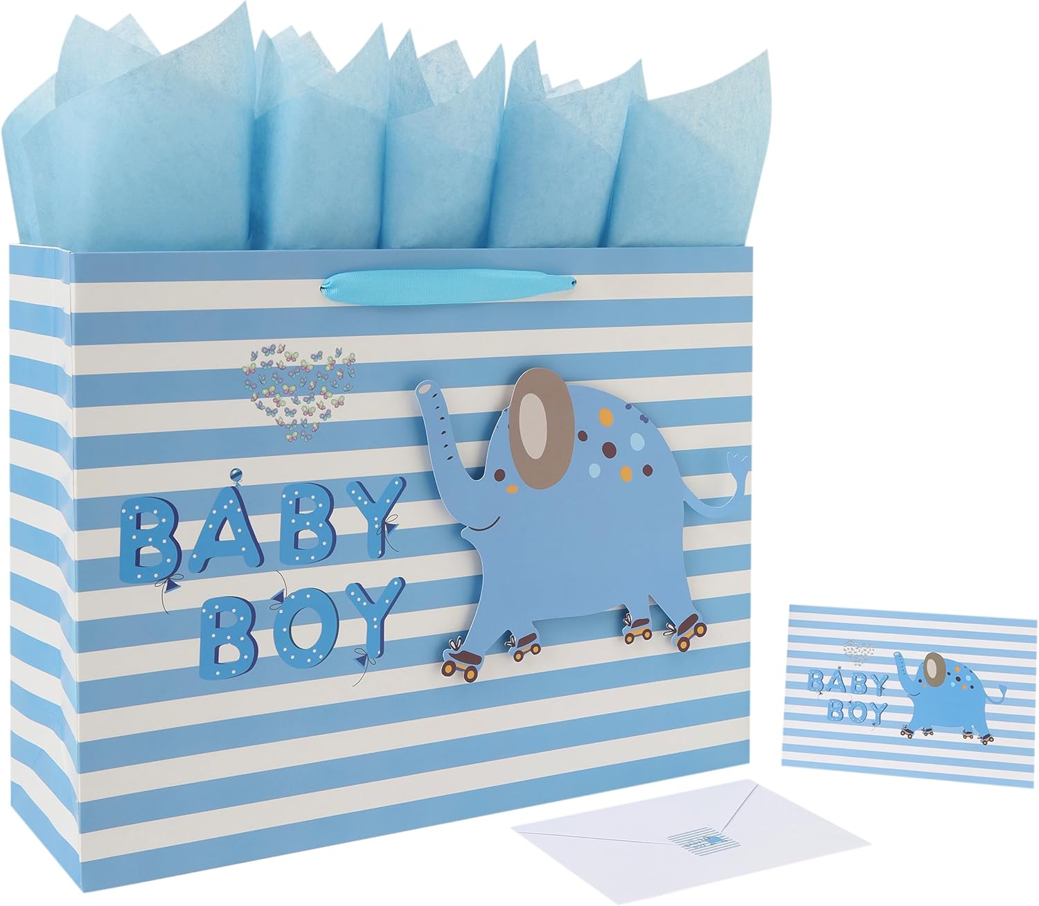 16.5” Extra Large Baby Boy Gift Bag Set with Handles, Greeting Card, Blue Tissue Papers and Stickers for Boys Kids for Baby Shower, Kids Birthday Party, Newborn, New Moms or Parents, 3D elephant Design, 1 Pcs