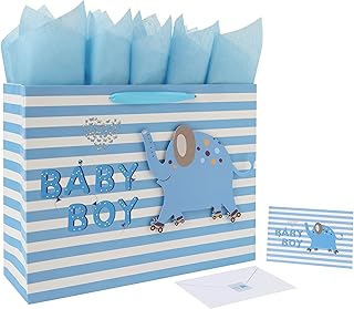 16.5” Extra Large Baby Boy Gift Bag Set with Handles, Greeting Card, Blue Tissue Papers and Stickers for Boys Kids for Baby Shower, Kids Birthday Party, Newborn, New Moms or Parents, 3D elephant Design, 1 Pcs