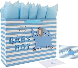 16.5” Extra Large Baby Boy Gift Bag Set with Handles, Greeting Card, Blue Tissue Papers and Stickers for Boys Kids for Baby Shower, Kids Birthday Party, Newborn, New Moms or Parents, 3D elephant Design, 1 Pcs