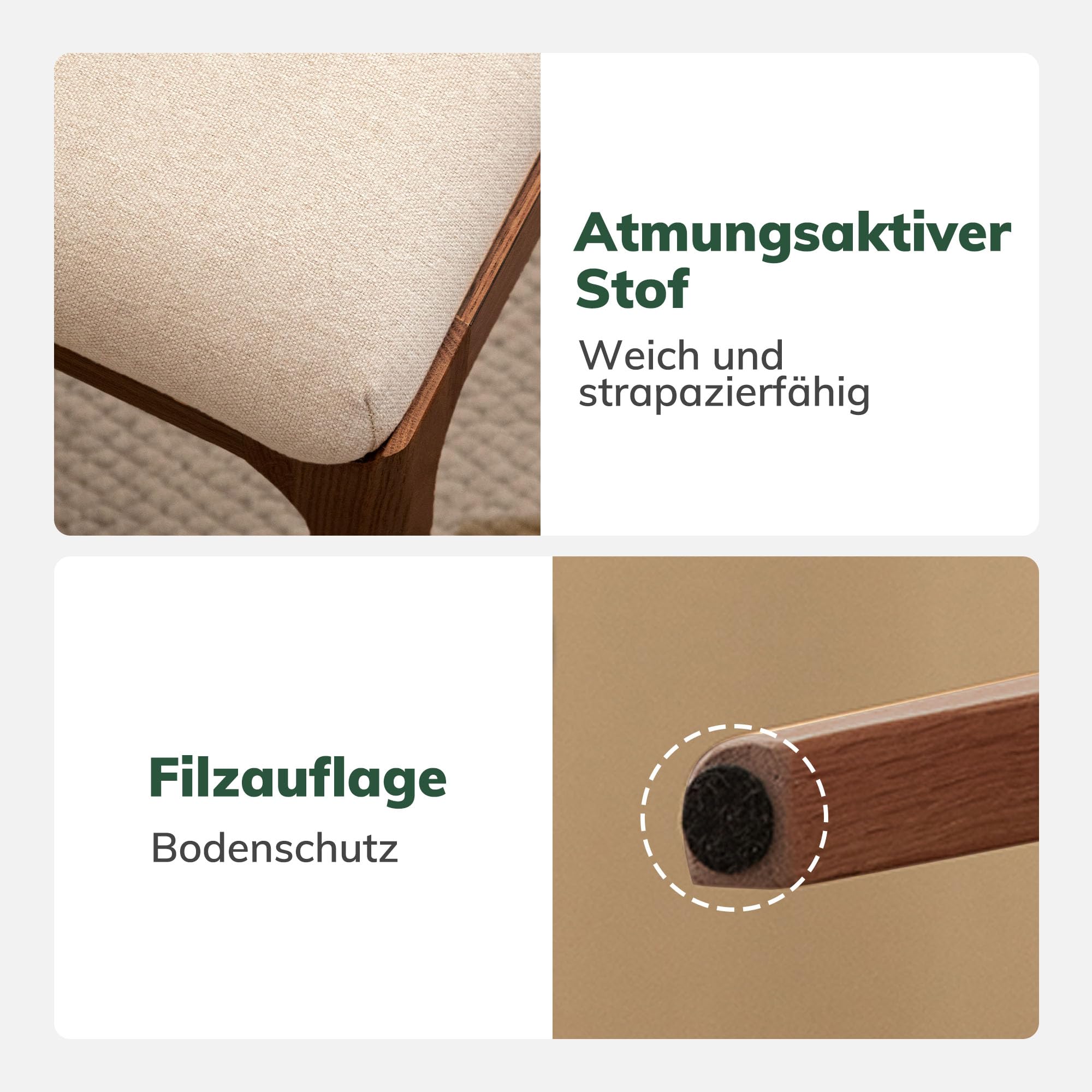 YESWOOD Schminktisch Stuhl, Stabiler Holzhocker Massivholz, Polsterhocker mit Leinenoptik, Schminktisch Hocker 42x30x42 cm, Make-up Hocker für Schlafzimmer, Eiche in Walnussfarbe