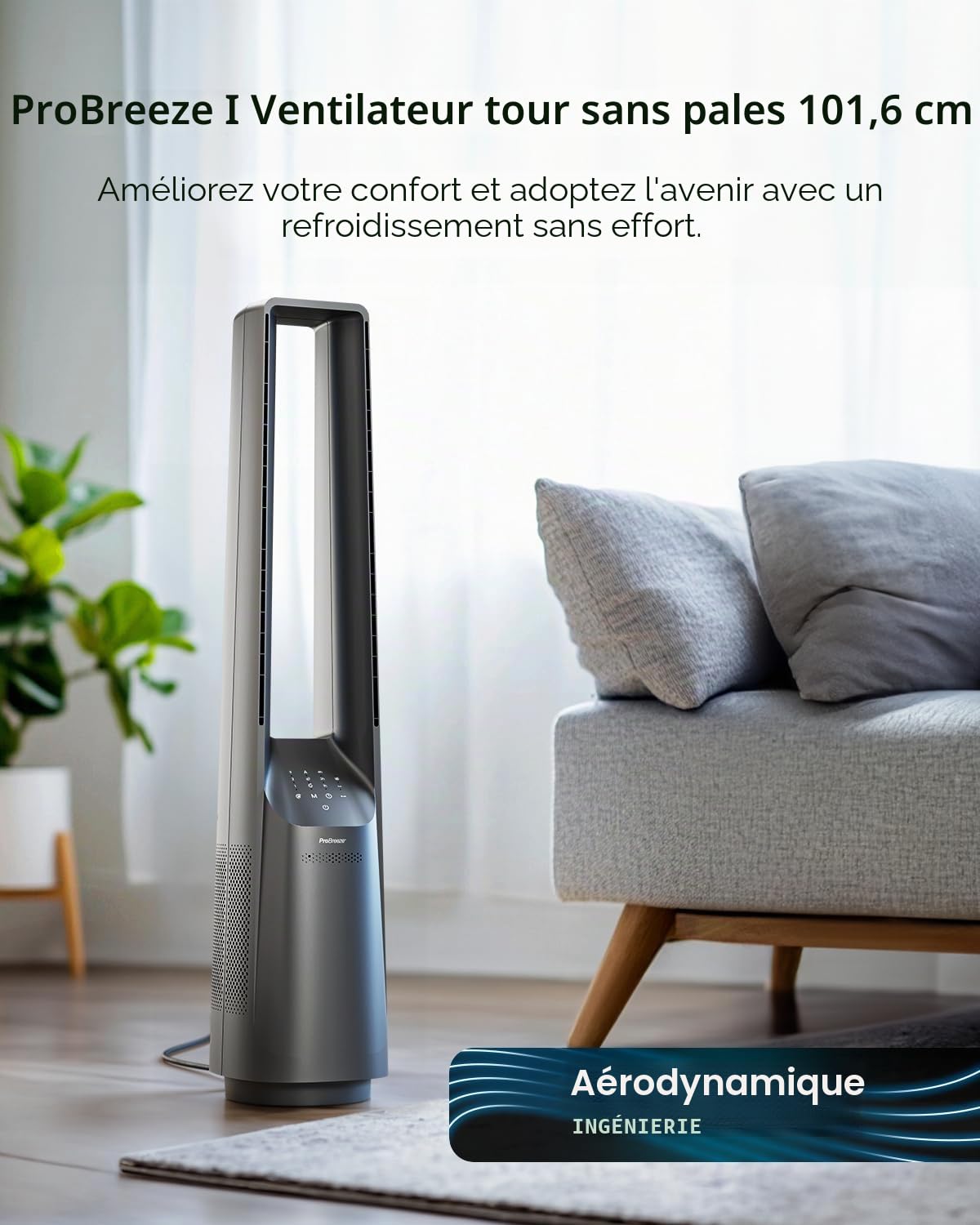 Pro Breeze Ventilateur Colonne Sans Pale - Ventilateur Tour Silencieux, Hauteur 101 cm avec 6 Vitesses, Oscillation 60°, Ventilateur Sans Lame Rafraichisseur d'Air Bladeless - Argentée