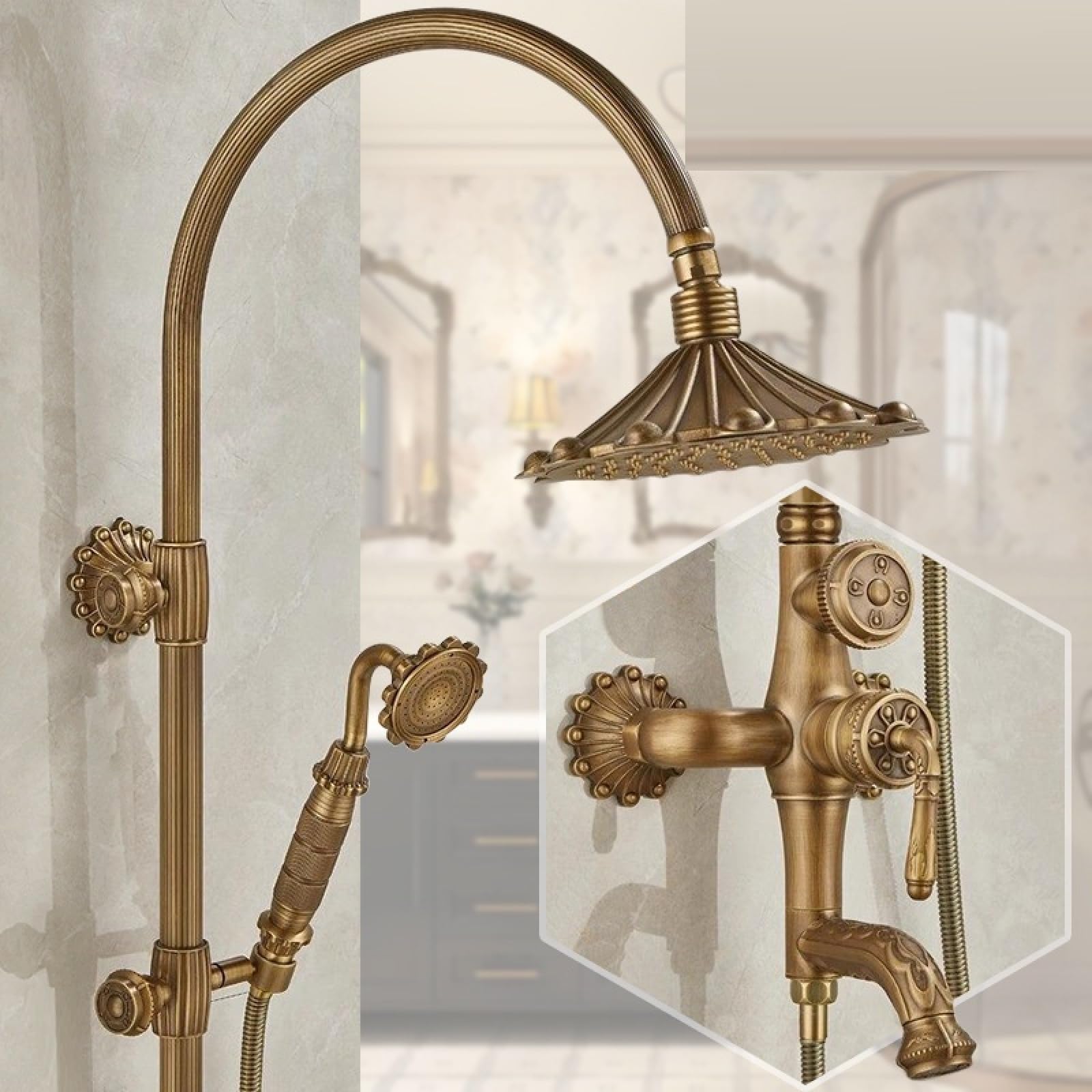 Fanjubei U2 Bathroom All-Copper Antique-Style Adjustable Shower Shower Set