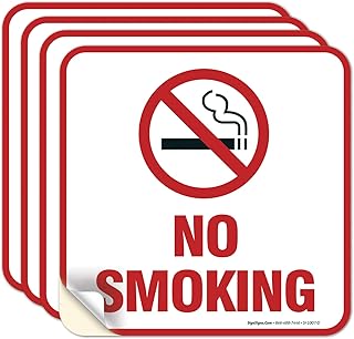 (4 Pack) No Smoking Sign Stickers, 5.5 x 5.5 Inches, 4 Mil Vinyl Self Adhesive Decal Stickers, Long Lasting, Weatherproof and UV Protected, Made in USA by Sigo Signs