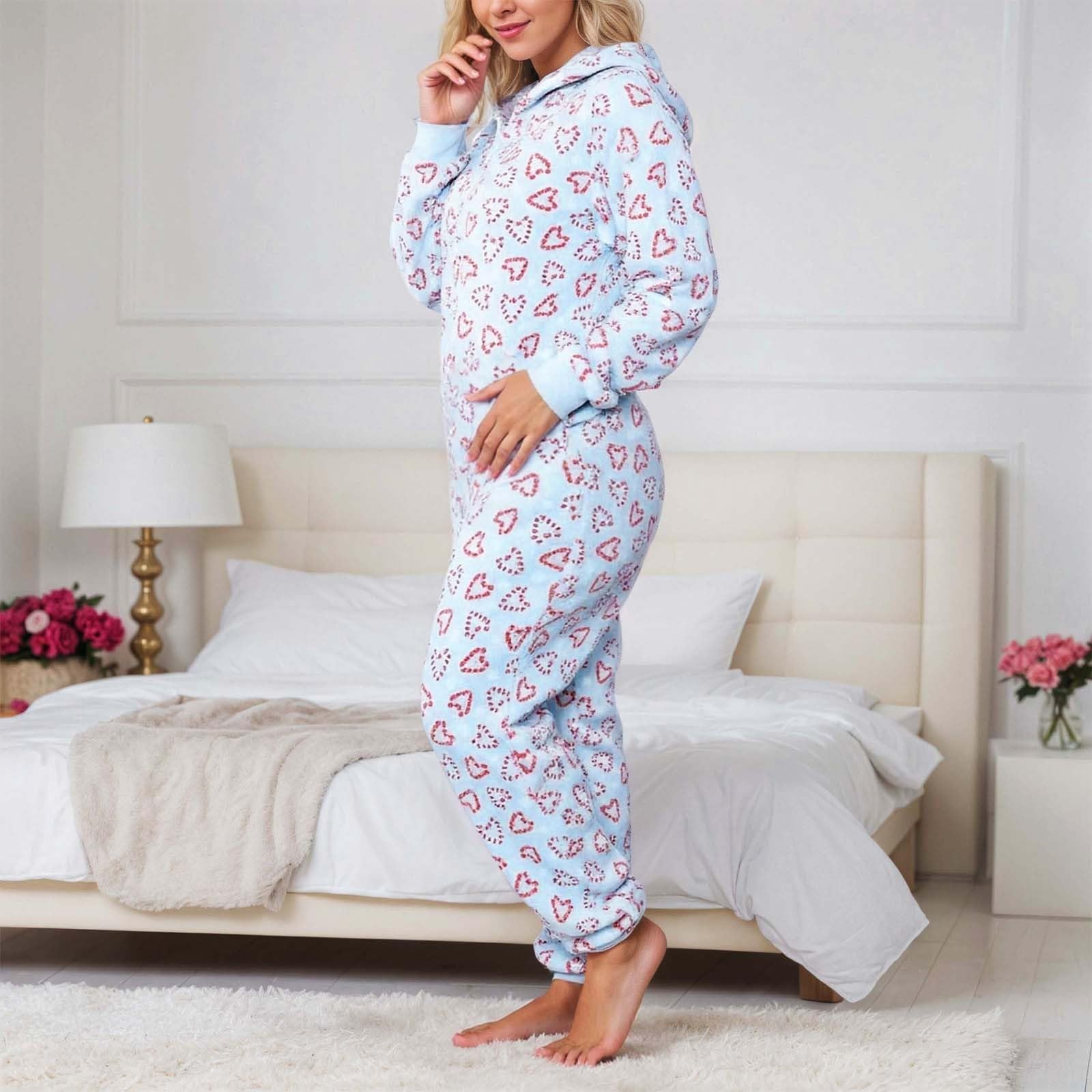 Generisch Pijama de franela para mujer, pijama de una pieza con estampado de corazón, manga larga, cuello en V, mono sexy y acogedor, grueso, térmico, de Navidad, ropa de salón