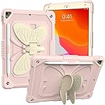 iPad 10.2 Inch 2021/2020/2019 Case with Shoulder Strap, Heavy Duty Shockproof Protective Case with Butterfly Mount for 9th/8th/7th Gen, White+Pink