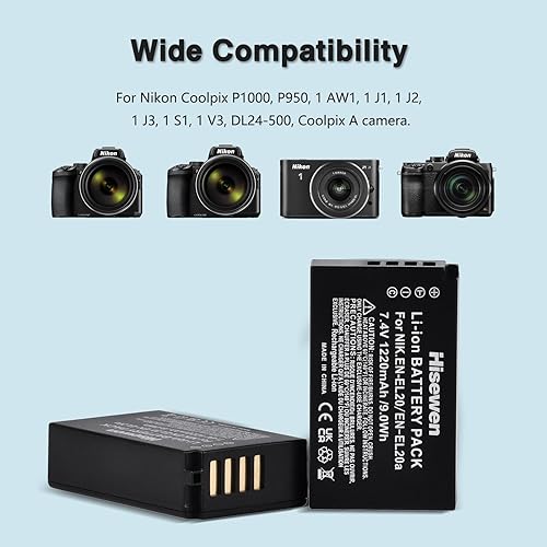Miniatura 2 de Hisewen EN-EL20 EN-EL20a Batería y cargador dual para Nikon Coolpix P950, P1000, DL24-500, Coolpix A, 1 AW1, 1 J1, 1 J2, 1 J3, 1 S1, 1 V3 Cámara