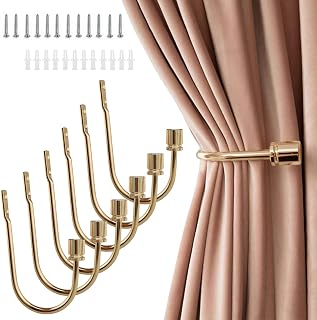 Curtain Holdback,6 Pack Wall Mounted Drapery Tiebacks with Screws, Heavy Duty Metal Decorative Window Drapery Holder Curtain Hook U Shape for Home Office,Gold