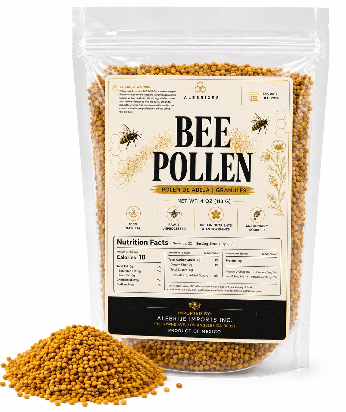 Amazon.com: ALEBRIXES | Pure Bee Pollen 4oz (113g)| 100% Bee