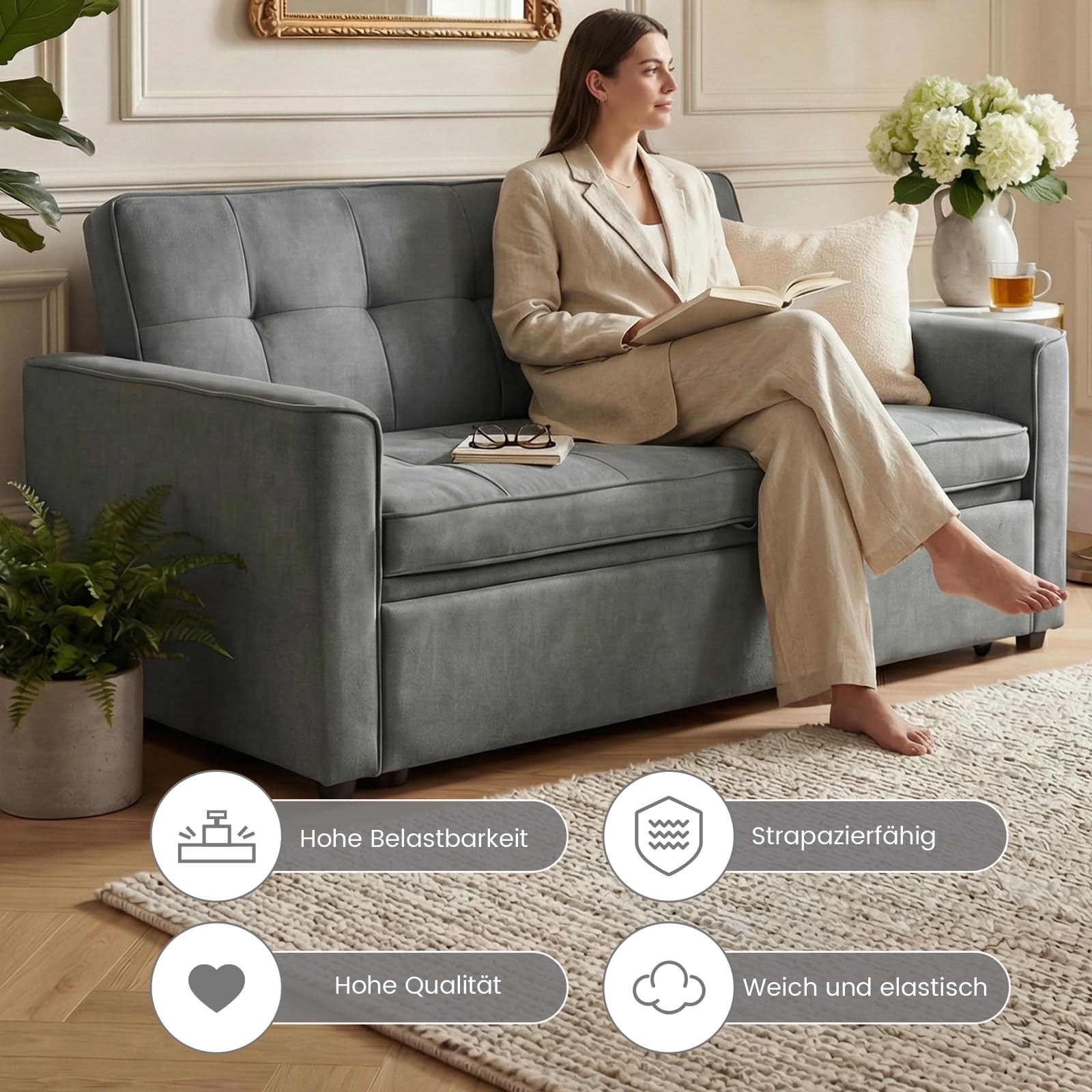 Guyii Schlafsofa 3-Sitzer Grau, Ausziehbares Sofa mit Schlaffunktion und Bettfunktion, Gepolstertes Bettsofa mit Armlehnen, Schlafcouch für Wohnzimmer, Gästezimmer, Kleine Räume