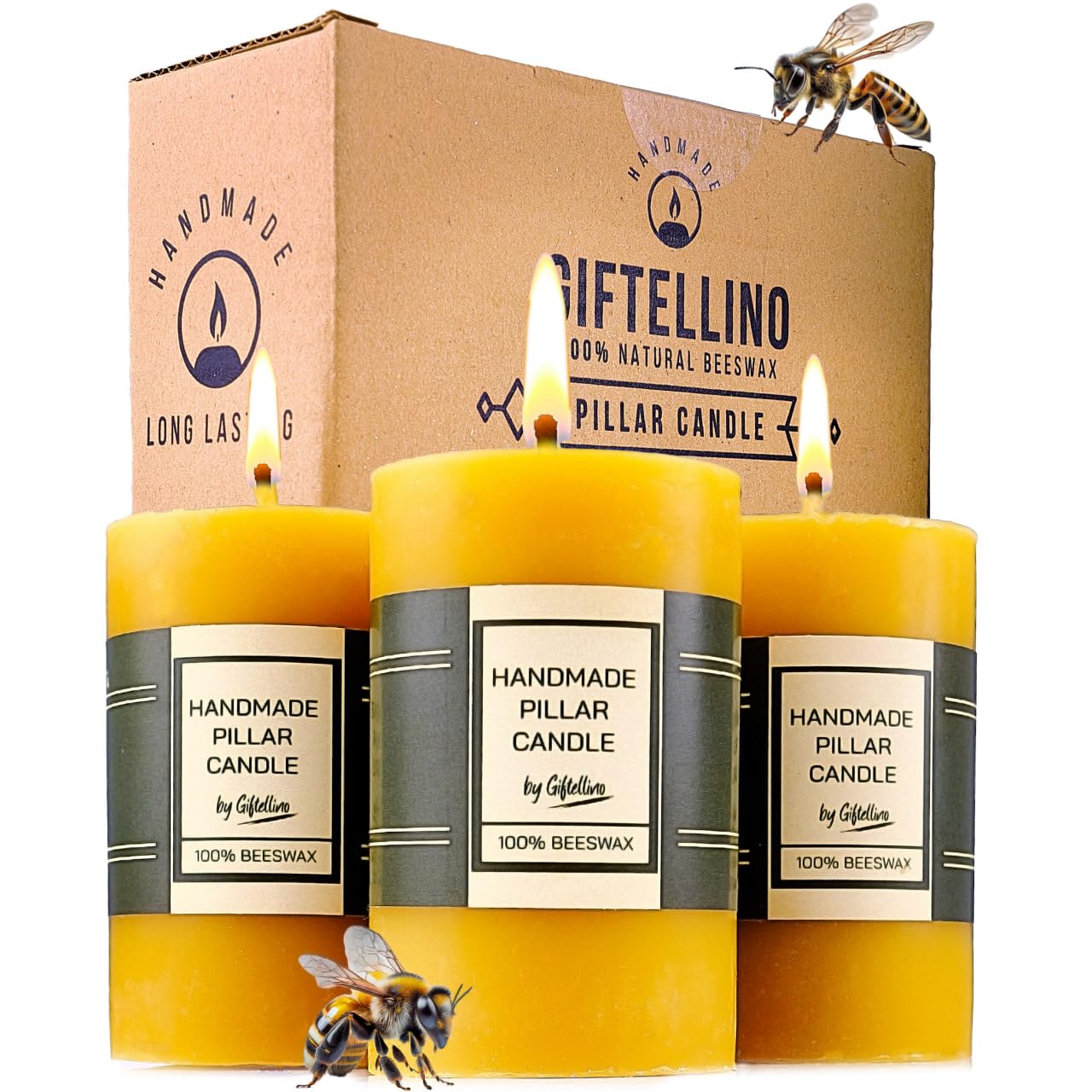 3er-Set Natürliche Bienenwachs-Säulenkerzen – Handgefertigt & Duftfrei – Baumwoll-Docht für Sauberes Abbrennen – 21 Stunden Brenndauer pro Kerze – Beeswax Pillar Candles Set