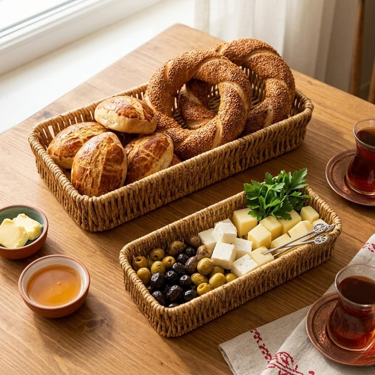 DEİNHAUS Hasır Örgü Dikdörtgen Sepet Tepsisi, 2'li Set, Doğal Renk, Ekmek ve Organizer Kullanımı, 28x10 cm ve 24x9 cm
