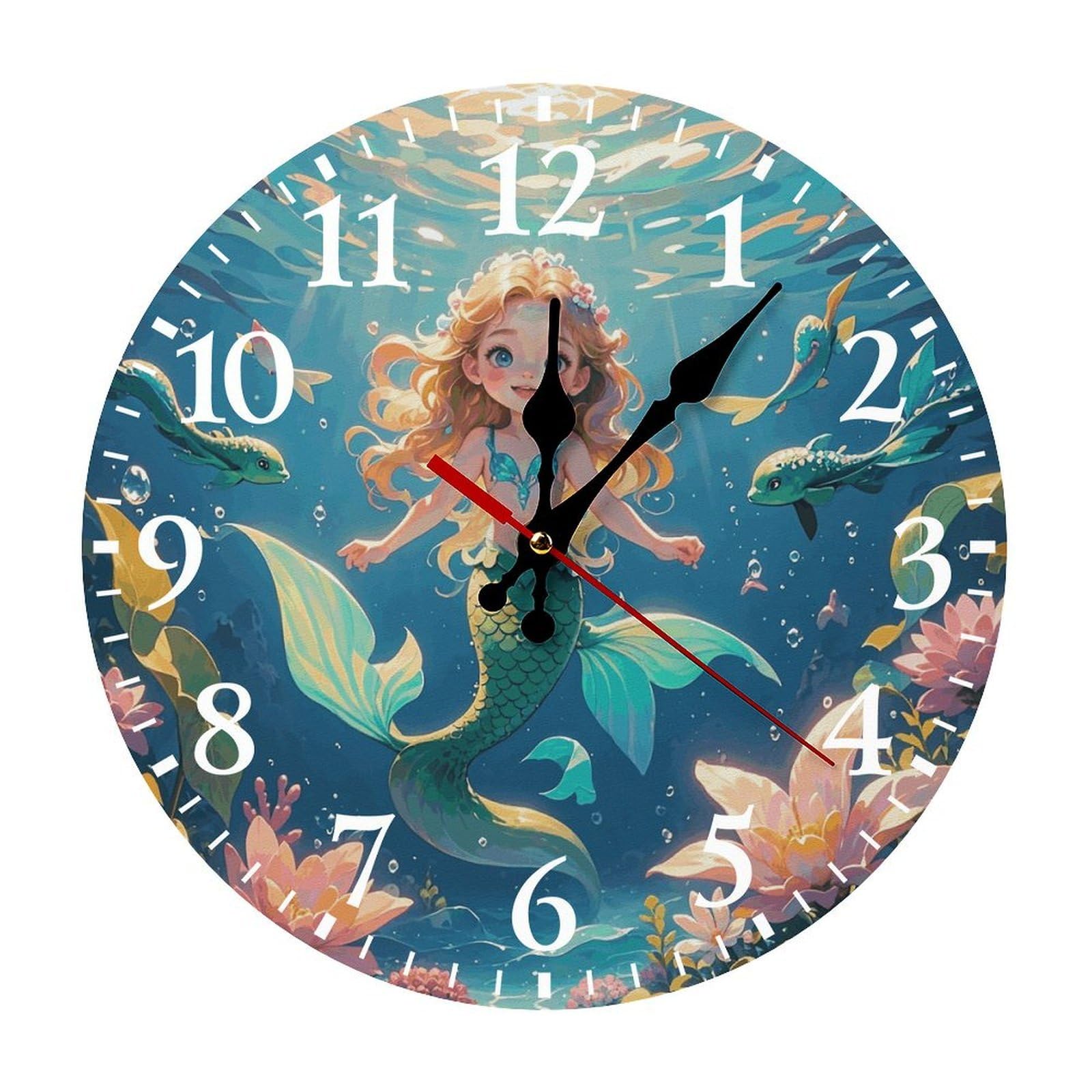 QMNLKH Mermaid Wall Clock for Home, Battery Operated Clock for Hotel, Round Wall Clock with Arabic Numerals White, Easy to Read, Non-Ticking Clocks for Living Room 30 * 30cm