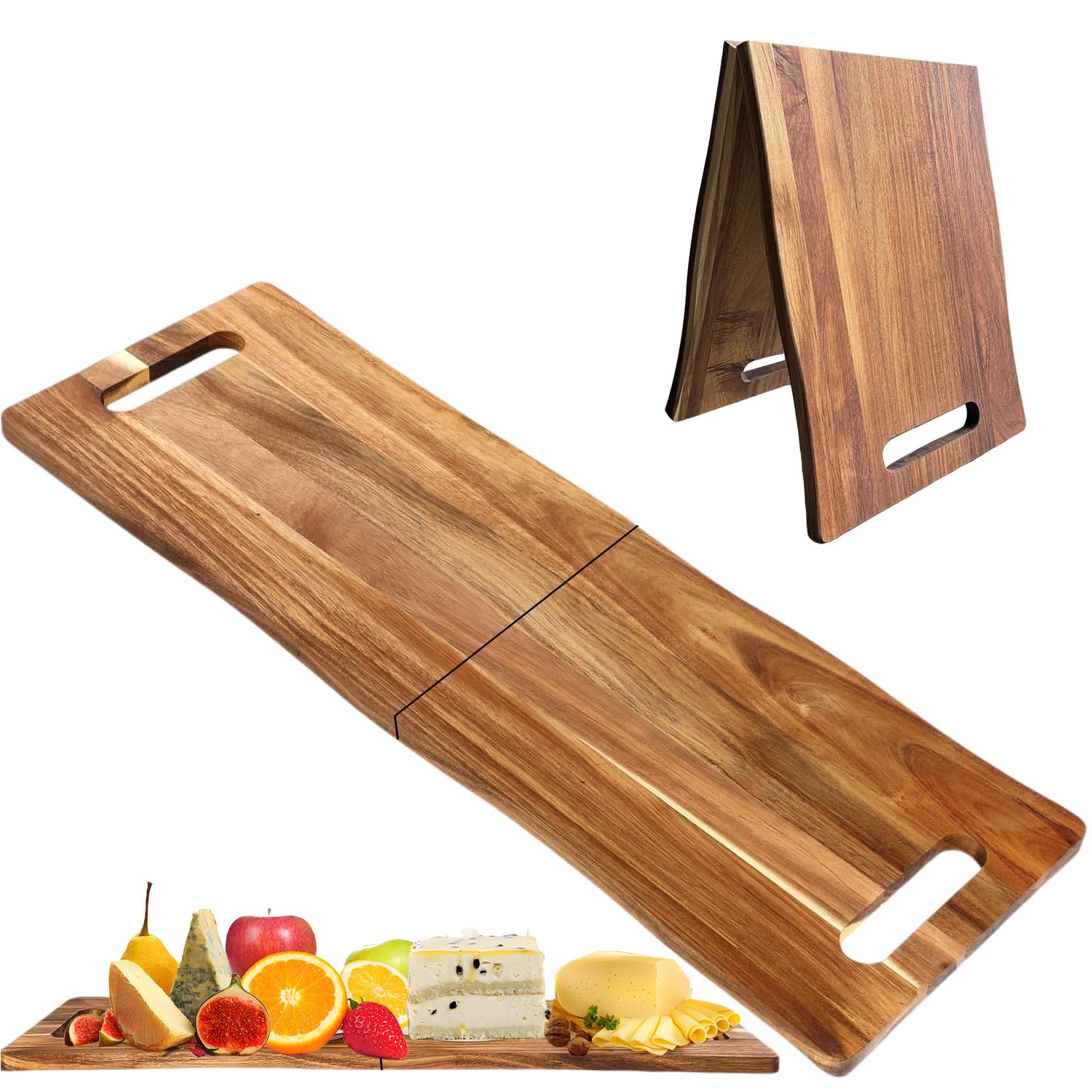 Tagliere per salumi grande in acacia, in legno, con manici, pieghevole, da viaggio, 83 x 30,5 cm, tagliere da portata per salumi con cibo, carne, antipasti per feste