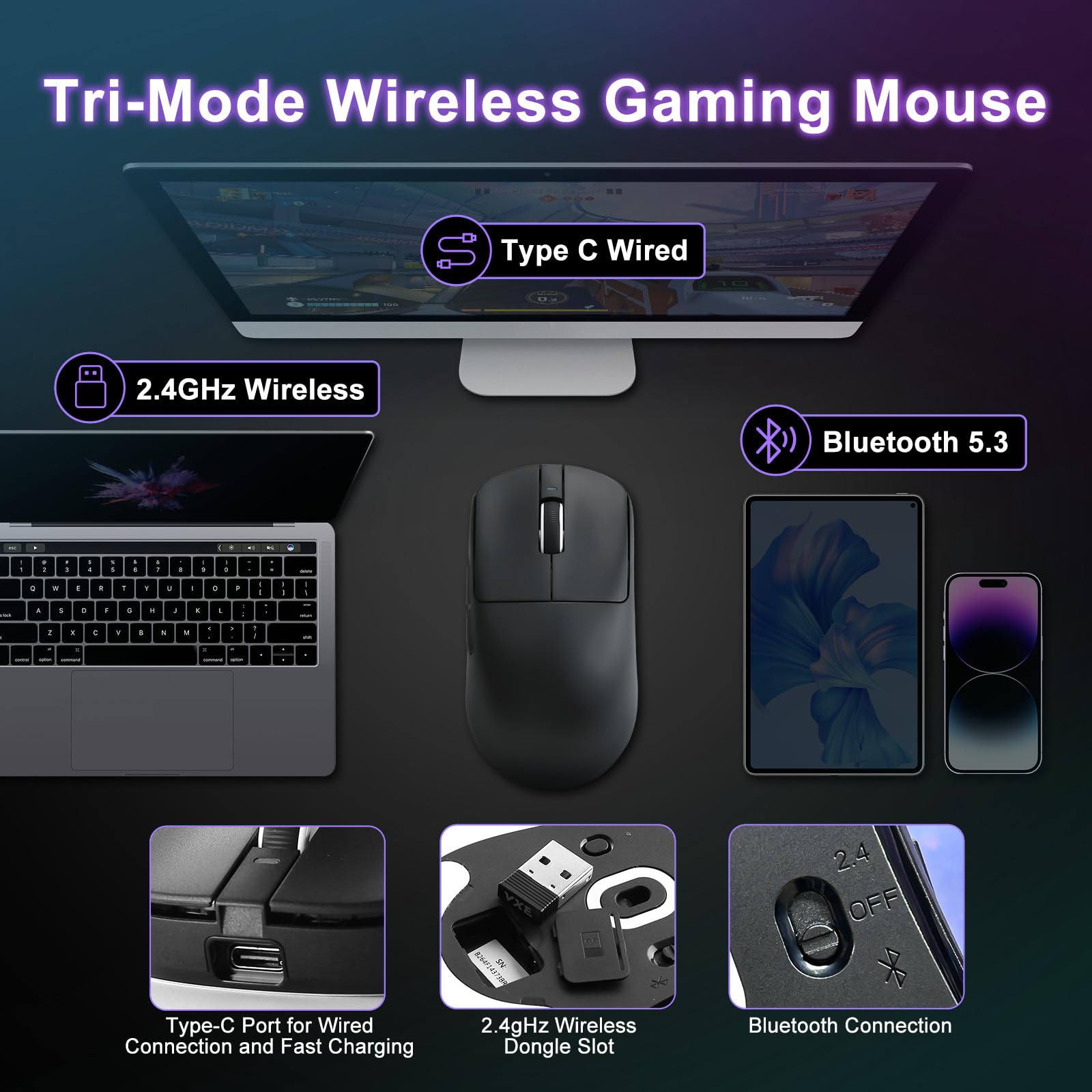 R1 SE+ - Ratón para juegos, 18000 DPI, sensor PAW3395SE de alta precisión, ligero de 55 g, tres modos de conexión, mouse ergonómico programable adecuado para portátiles/PC/Mac (negro)