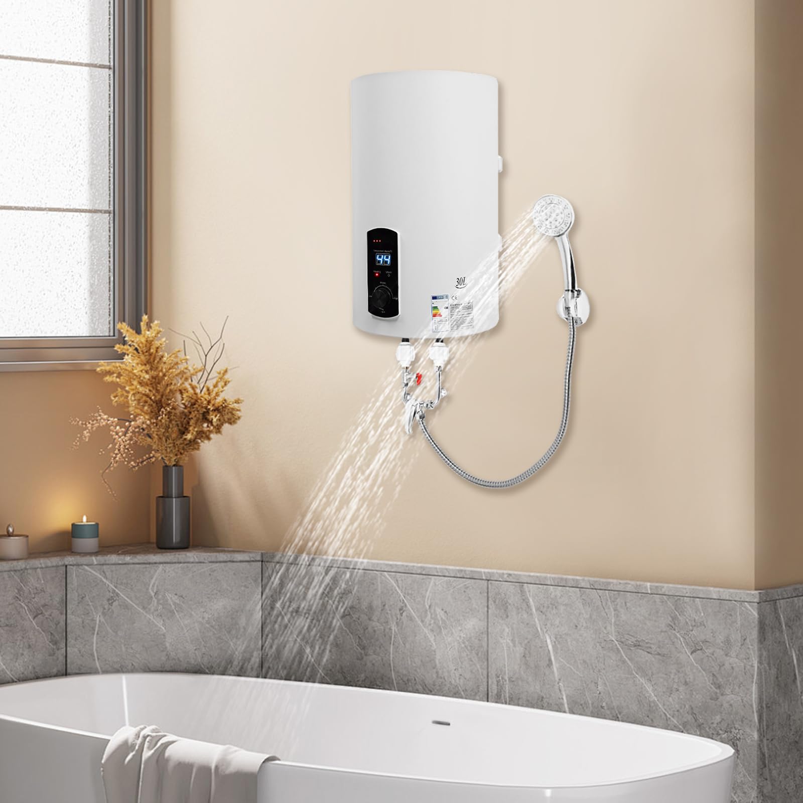 Scaldabagno elettrico da 30 l, 220 V, 2000 W, set di stoccaggio elettrico da parete con doccetta e tubo, 25 – 75 °C IPX4