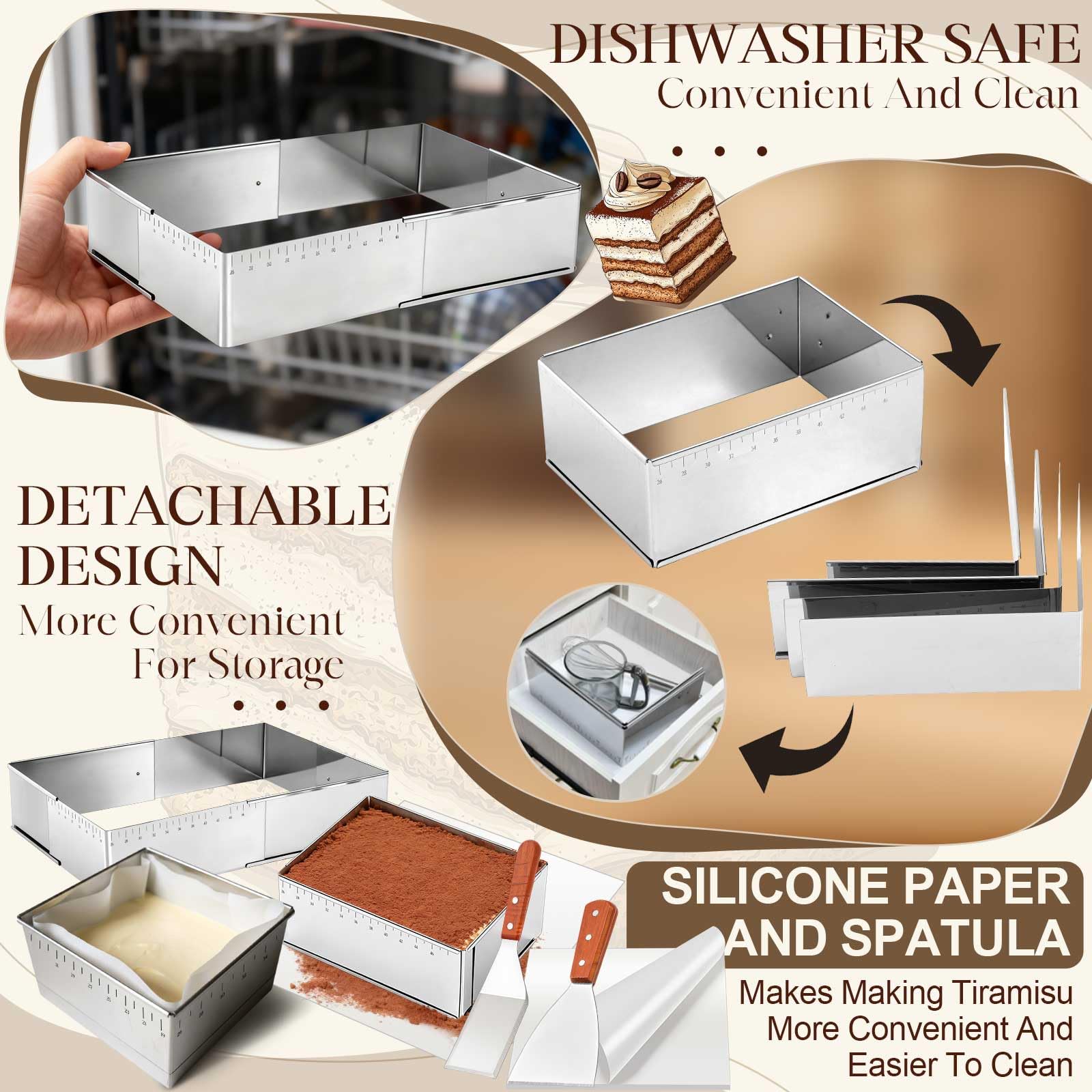 Blushtier Juego de 13 moldes de tiramisú extensibles rectangulares para tartas, moldes ajustables de acero inoxidable para mousse de 45,7 x 33,0 x 10,2 cm con raspador de pergamino para hornear