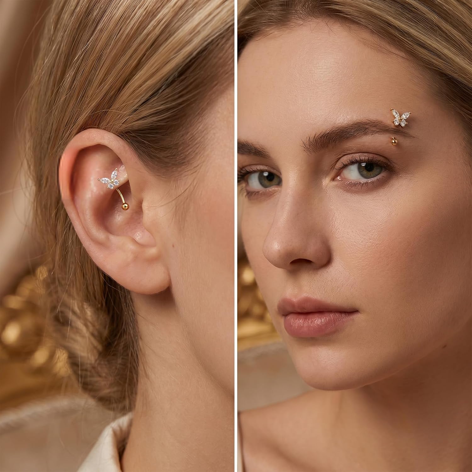 Rook Earring Piercing Jewelry, Stainless Steel Gold Eyebrow Rings | Curved Barbell Rook Earring Internally Threaded Piercing Jewelry Belly Button Ring Curved Lip Labret Barbell Gold Butterfly