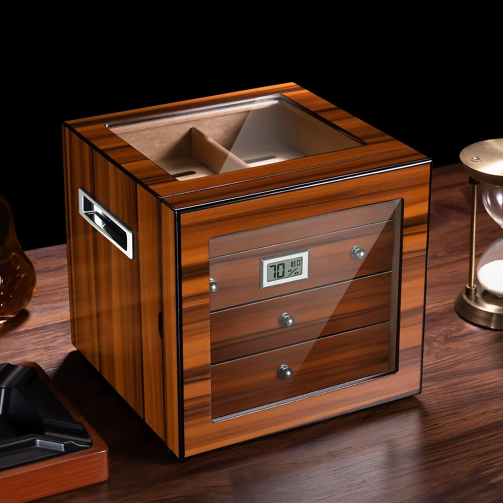 Großer Humidor-Schrank mit Großem Fassungsvermögen, Desktop-Zigarrenkiste mit Aufbewahrungsschublade Digitales Hygrometer、Befeuchter、Trennwand、Glasplatte