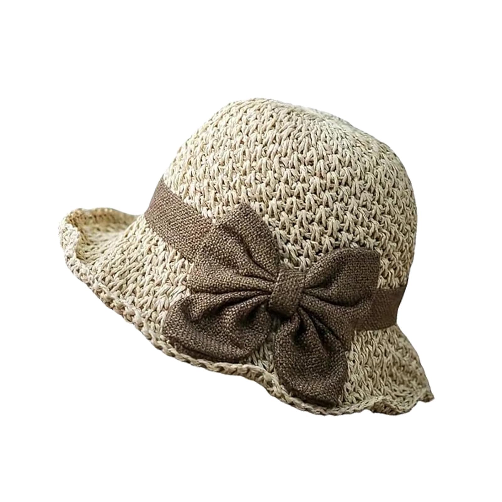 Hfdhd Unisex Beige Versatile Retro Woven Handmade Straw Hat With Ruffled Bow,Womens Straw Bucket Hat Foldable Wide Brim Floppy Beach Sun Hats (Beige)