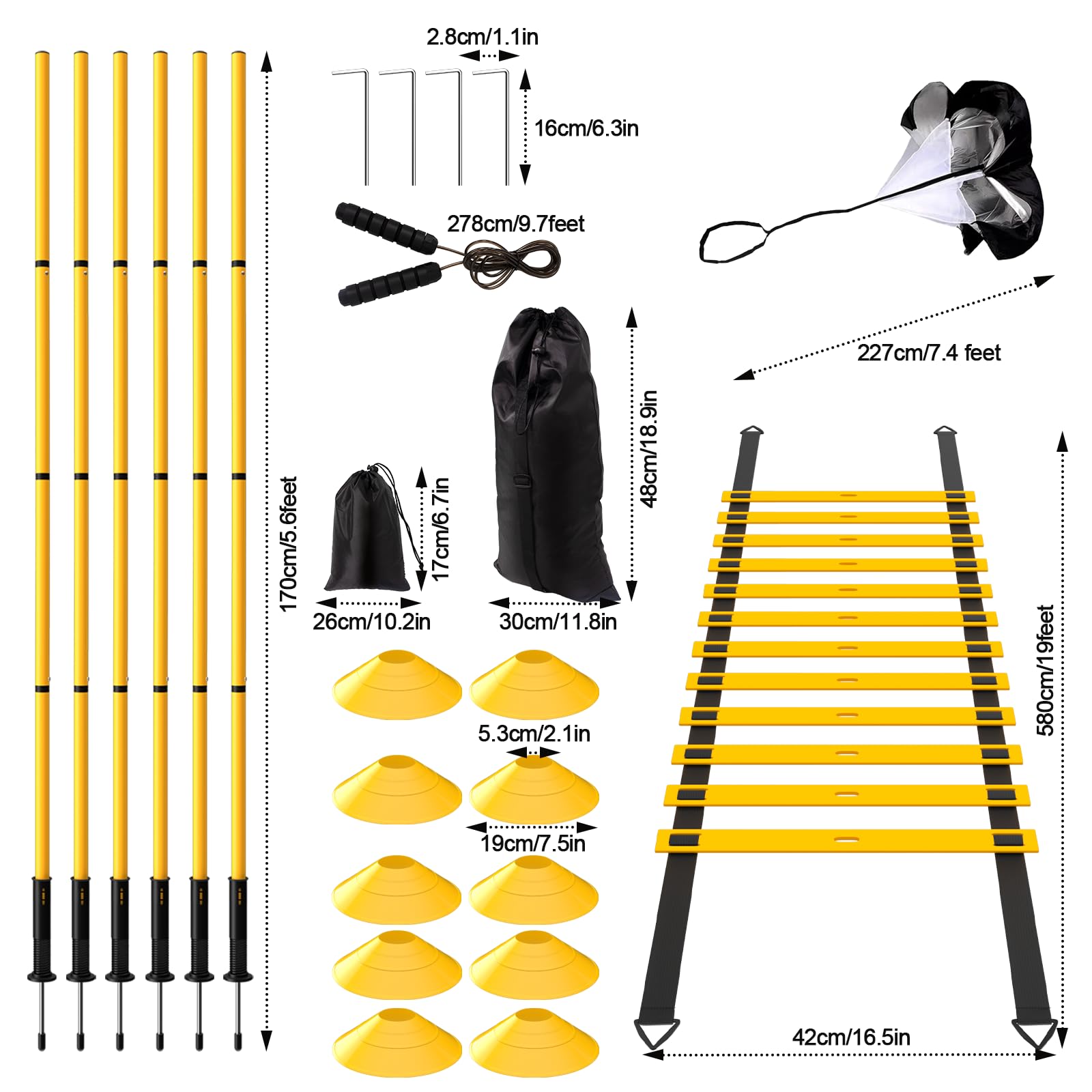 Juego de 24 piezas de equipo de entrenamiento de agilidad de fútbol, bastones de agilidad, escalera más para un montaje rápido y fácil portabilidad, adecuado para todos los niveles de