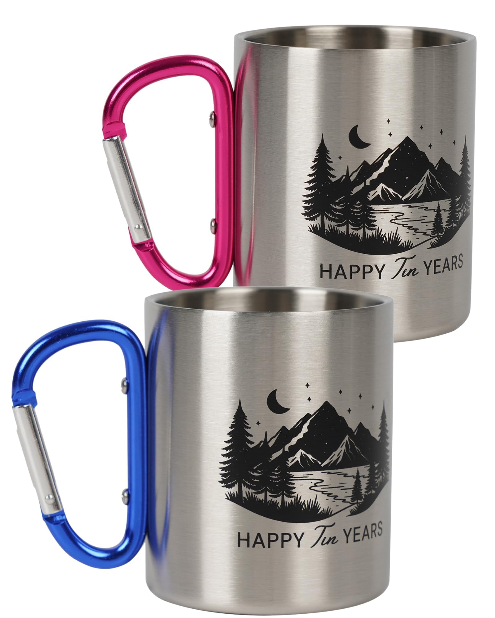 PureRejuva 10 Year Anniversary Tin Gifts for Him – Tin Anniversary for Husband - 8-12oz Aluminum Mug with Carabiner Handle – 10th Anniversary for Couple (2pk Combo Royal Blue and Hot Pink 12oz)