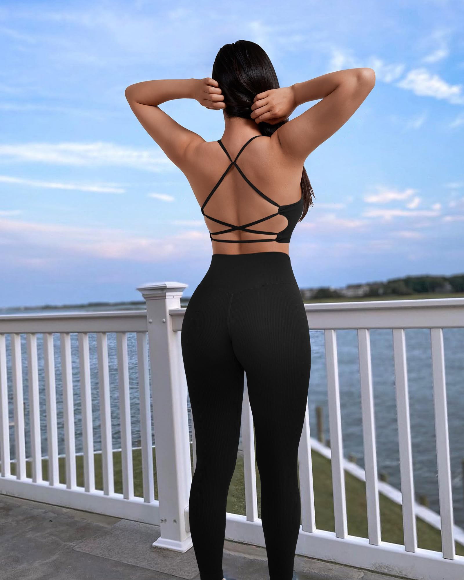 RXRXCOCO Conjunto de deporte acanalado para mujer, conjunto de entrenamiento para gimnasio, espalda descubierta, parte superior sin costuras, leggings para fitness