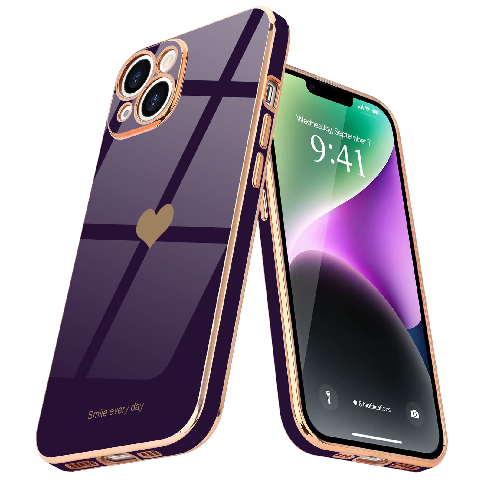 Teageo for iPhone 14 Case Cute Heart Pattern for Women Girls Slim Luxury Bling Plating Soft TPU Anti-Scratch Shockproof Bumper Phone Case for iPhone 14