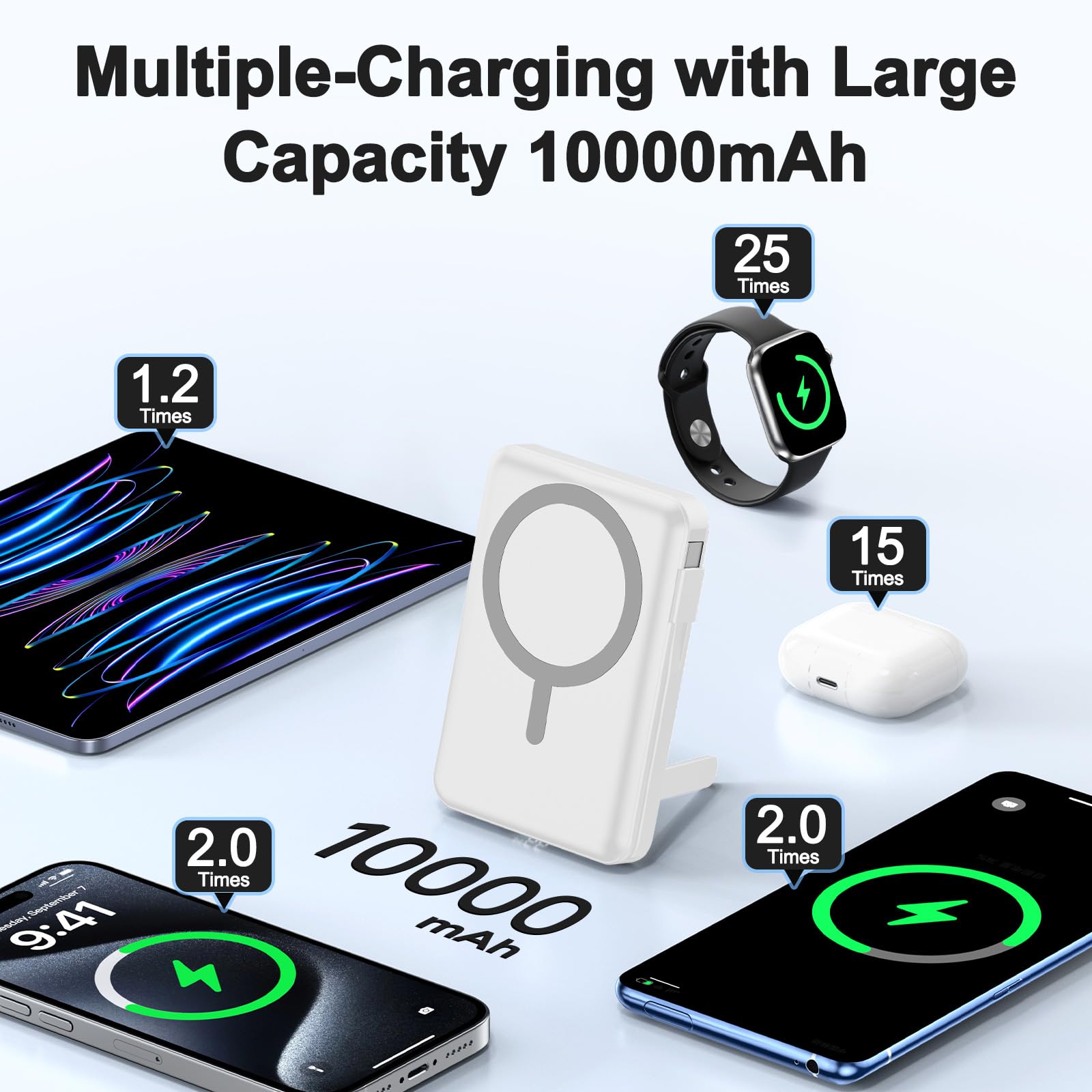 for Batterie Externe Iphone, 10000mAh Power Bank Magnétique Compatible avec MagSafe, Charge Rapide PD 20W avec 2 Câble et Support et Affichage LED, for iPhone 17-12 et Apple Watch Series(Blanc