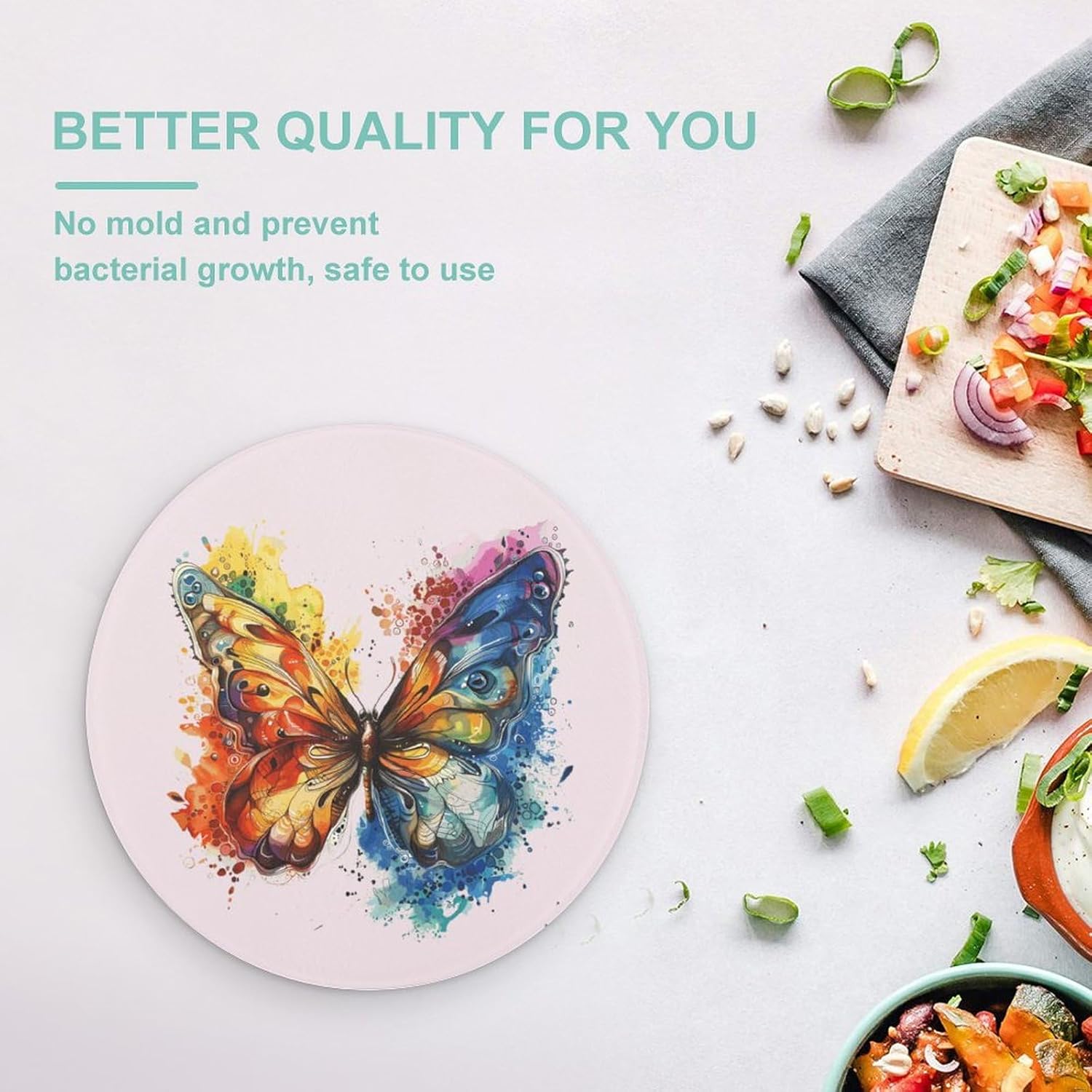Watercolor Butterfly Kitchen Cutting Board Glass Chopping Block for Meat Vegetables and Fruits Ideal Home Gifts