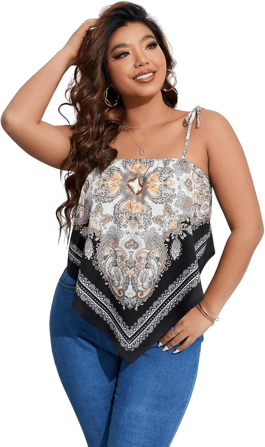 Floerns Women's Plus Size Boho Printed Tie Shoulder Sleeveless Hanky Hem Cami Top - Image 3