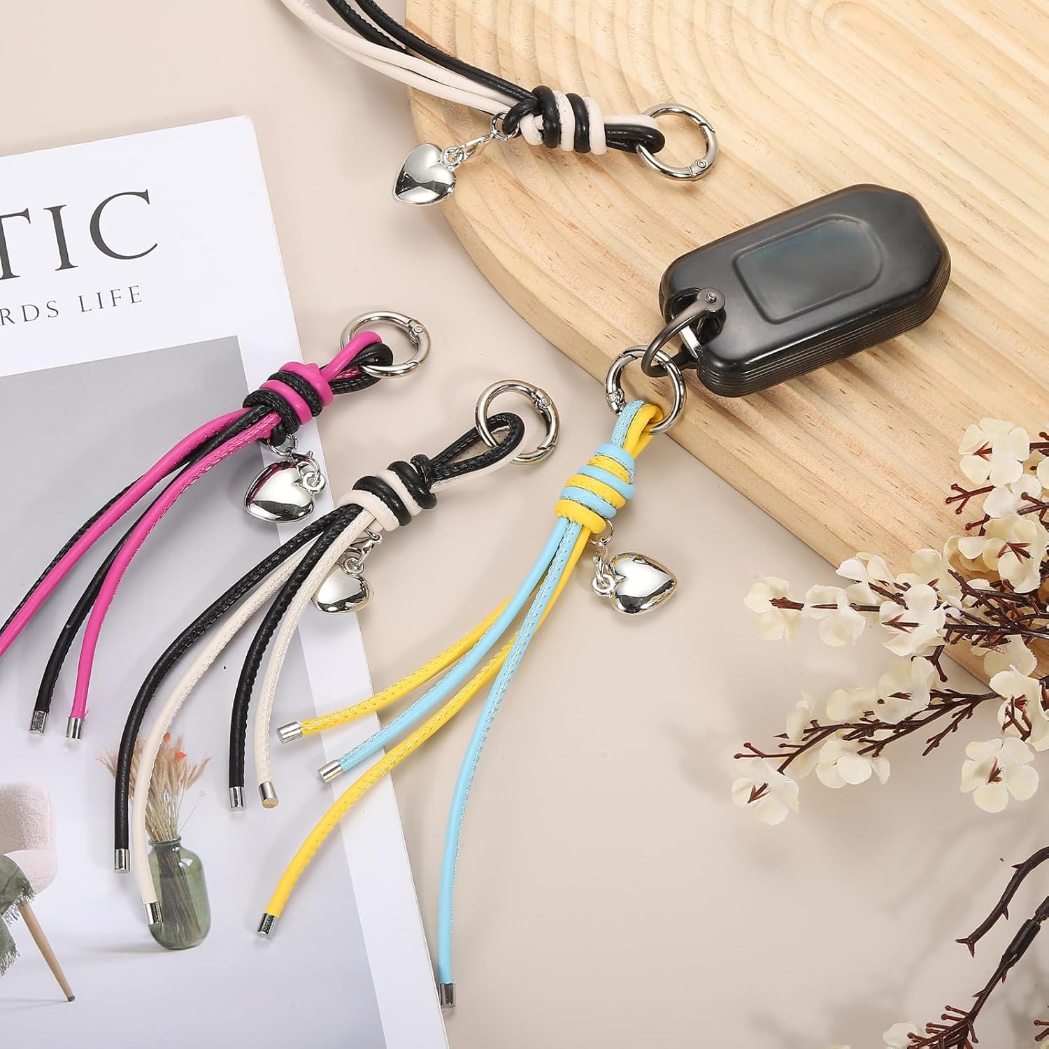 MECCANIXITY Braided Leather Rope Keychain Strap Bag Charm Car Key Open Chain Ring with Heart Charm & Braided Diamond Knot - Image 6