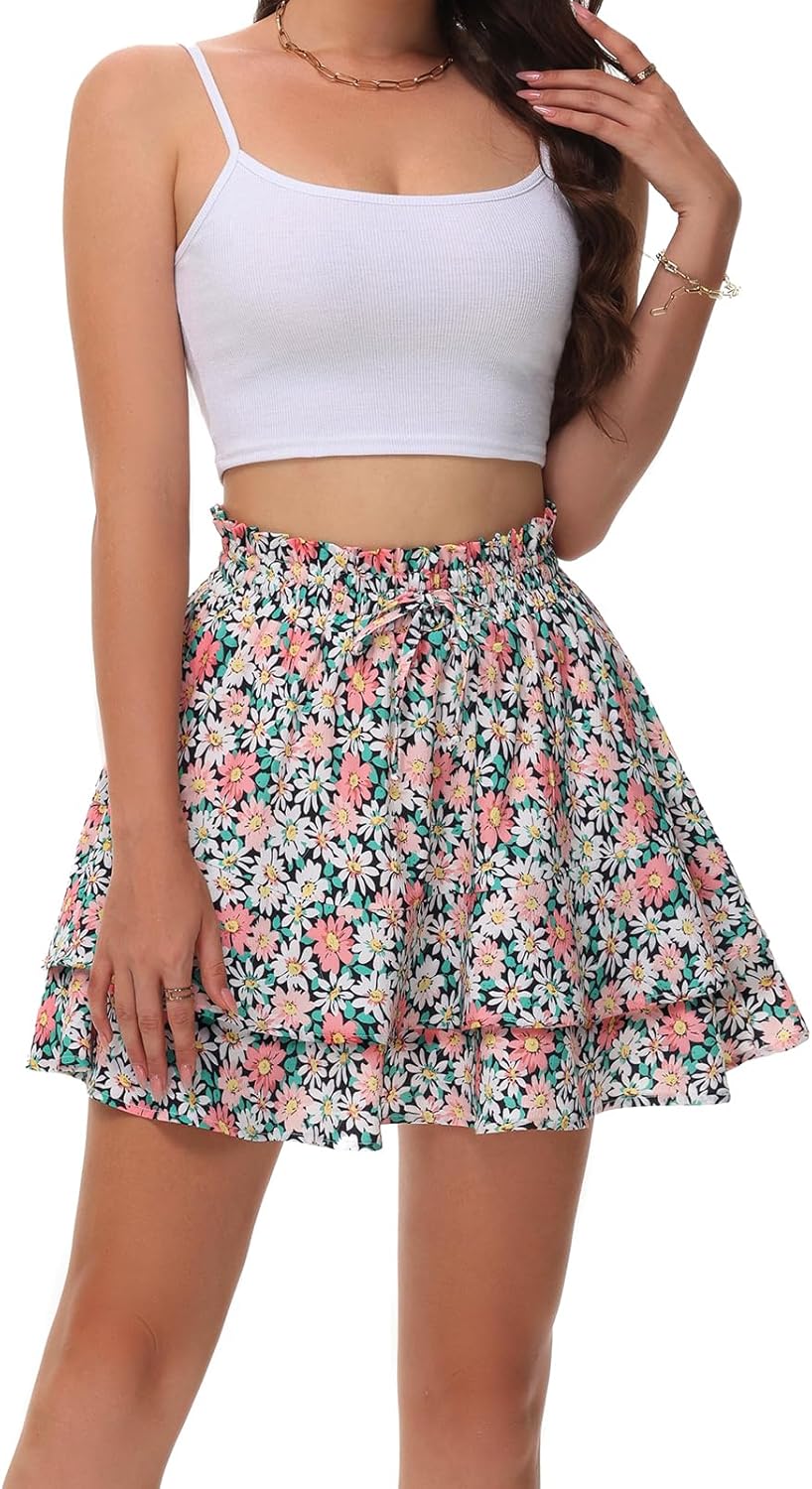 Kimmery Women's Boho Ruffle Skirt Floral Tiered Mini Skirts with Shorts Underneath - Image 2