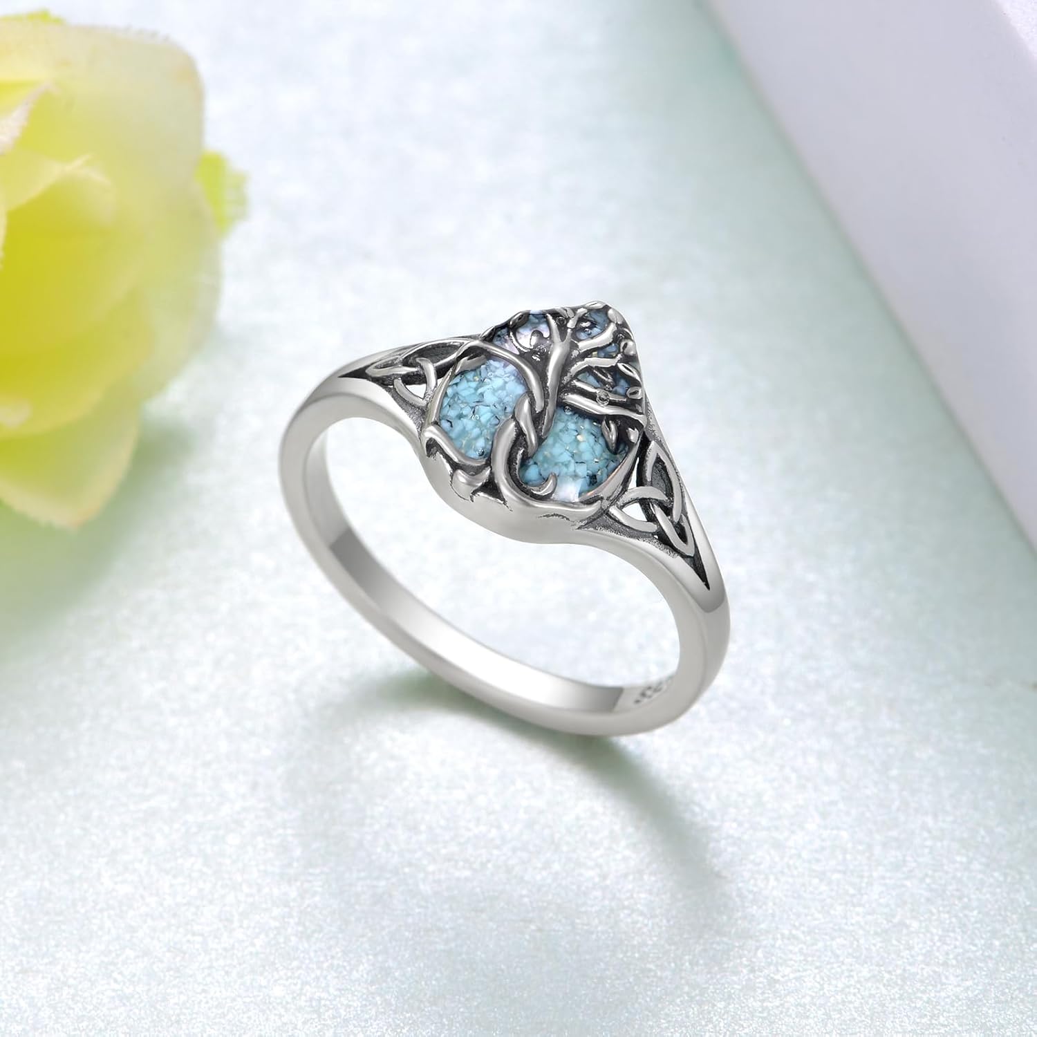 Turquoise Ring 925 Sterling Silver Tree of Life Ring Vintage Western Turquoise Jewelry for Women - Image 3