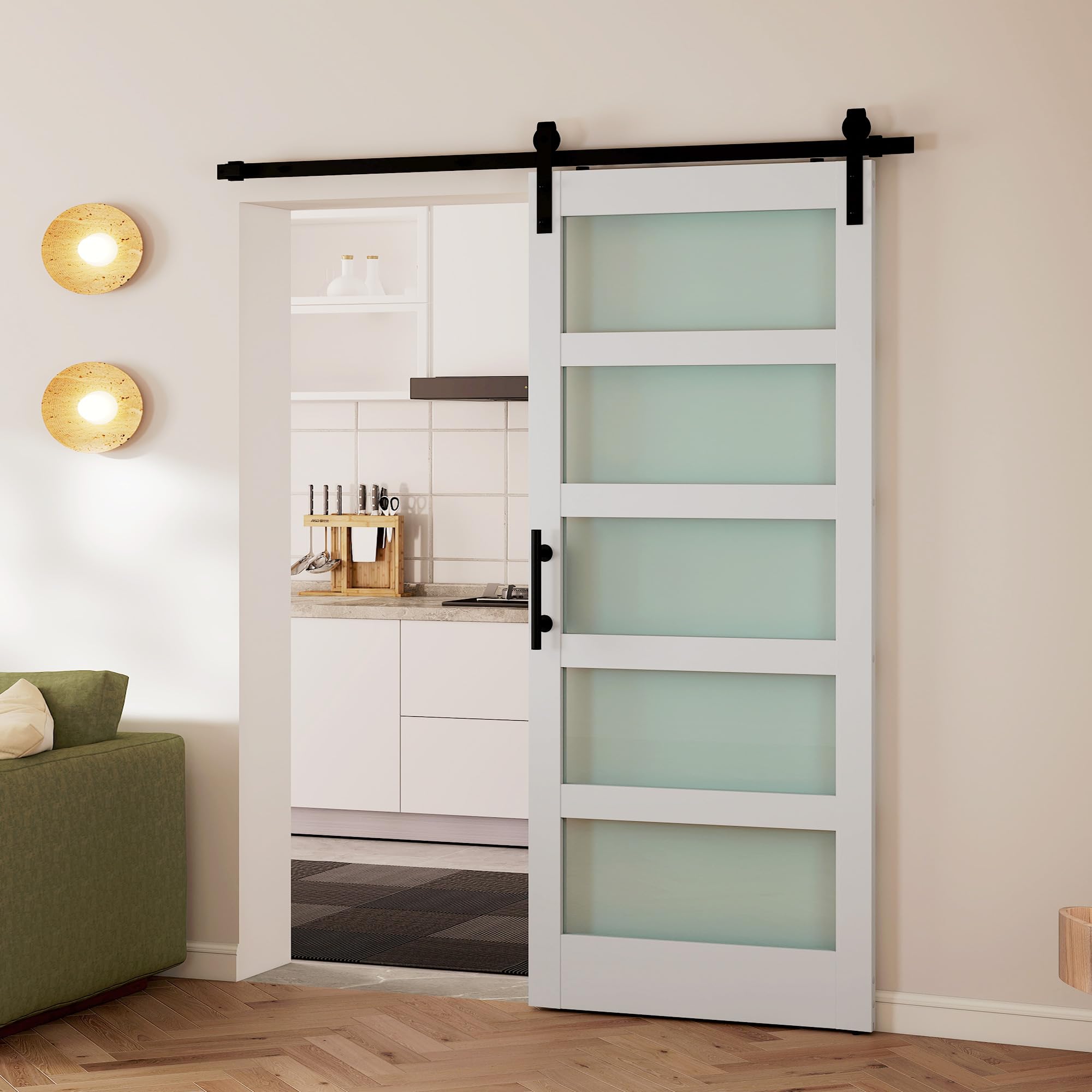 HOMCOM Porta Scorrevole Interno 91.4x213.4cm in Vetro Satinato, MDF e Pino, Binario Silenzioso in Acciaio, Kit Ferramenta, Maniglia Migliorata, Porta da Interno Stile Industriale, Impermeabile, Bagno