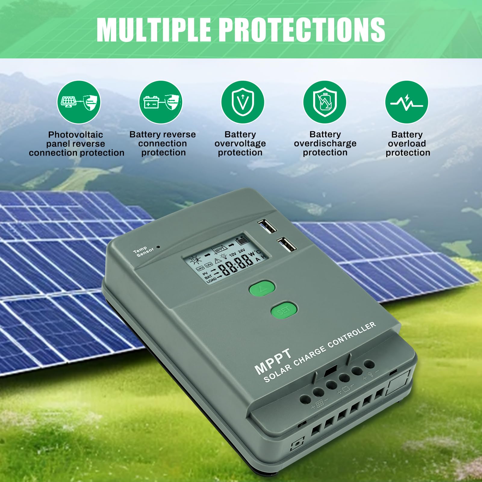 DEWIN MPPT Laderegler 12V Bluetooth, MPPT Solarladeregler 12V/24V Automatische Identifikation LCD-Display MPPT Solar Laderegler mit Bluetooth 20A