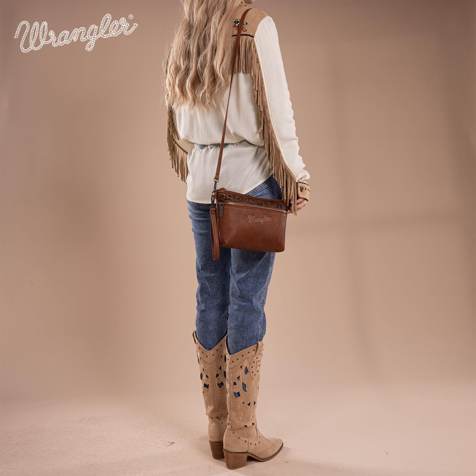 Wrangler Clutch Wristlet Purse Western Crossbody Bags Tooling Pattern Wallet for Women Cell Phone Purse,WG50-181BR