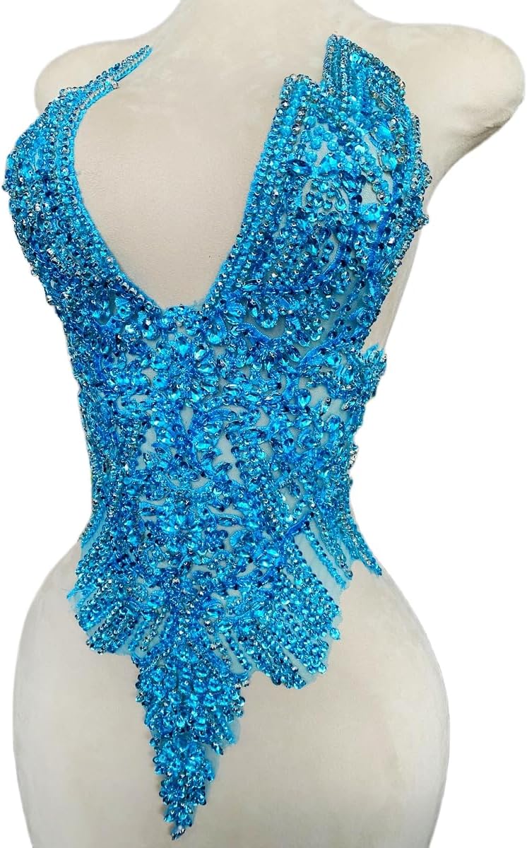 Handmade Rhinestones Applique Glass Stones Beads Bright Crystal Lace Patches Bodice Accessories for Weding Dress Decorations 14.17X24.4inches (Sky Blue)