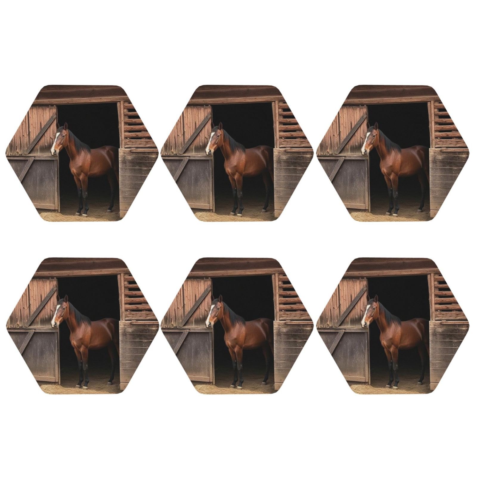 6Pcs PU Leather Coaster for Drinks, Barn Horse Cup Coastersr 4" Cup Mat Pad, Aesthetic Drink Coasters for Coffee Table, Hexagon Coaster for Tabletop Protection