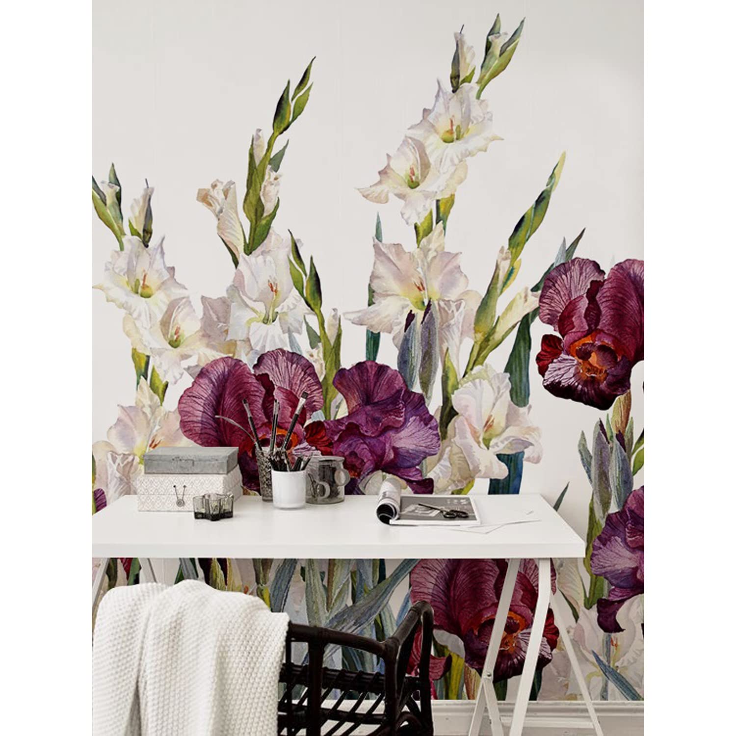 Papier peint latex 250x104cm floral vintage de prairie pour decoration murale de salon