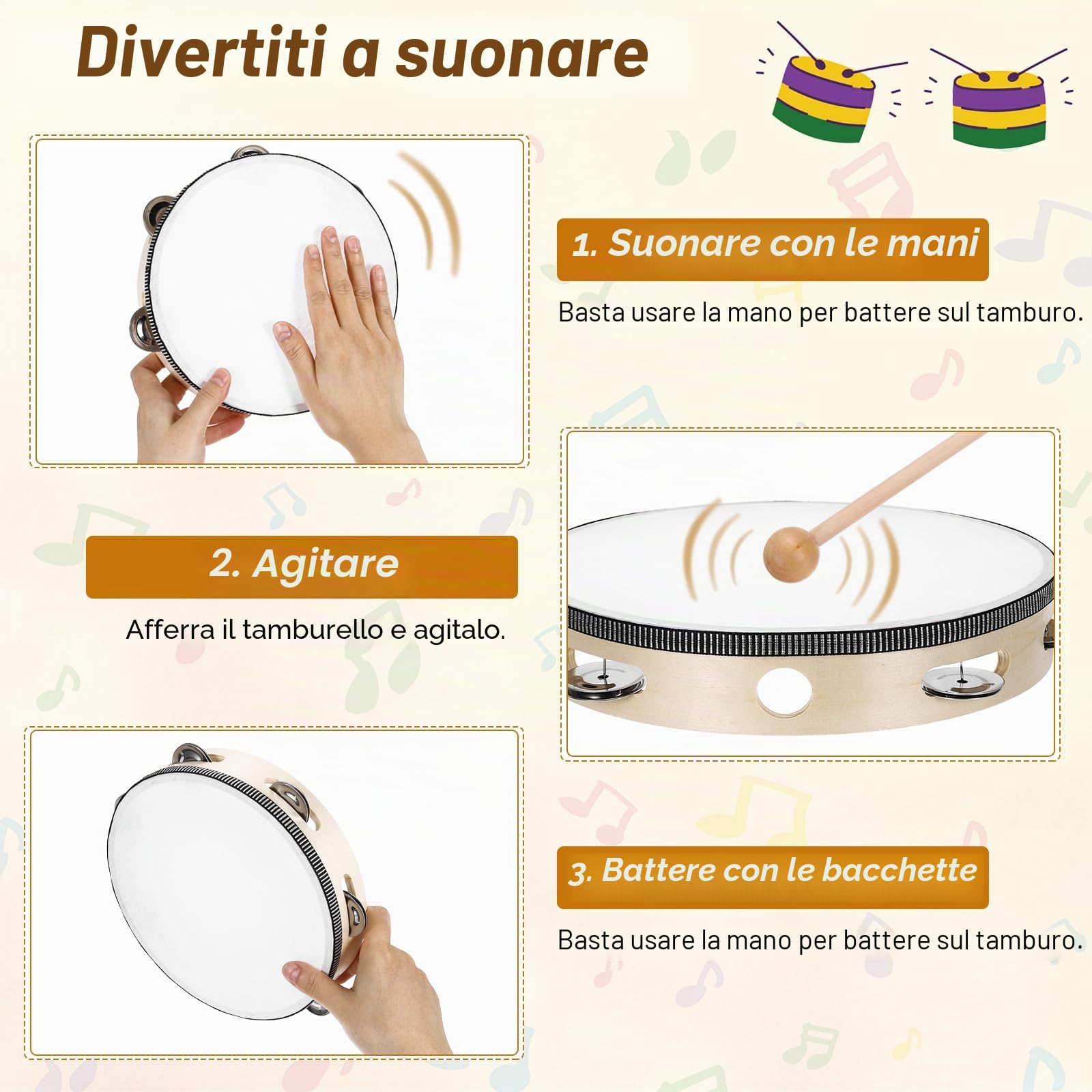QUARKZMAN 12 Pcs Tamburello 4 Pollici Tamburo A Mano In Legno Con Jingles Metallici A Singola Riga Strumento Musicale A Percussione Per Adulti Matrimoni Chiesa Feste Giochi Colore Legno
