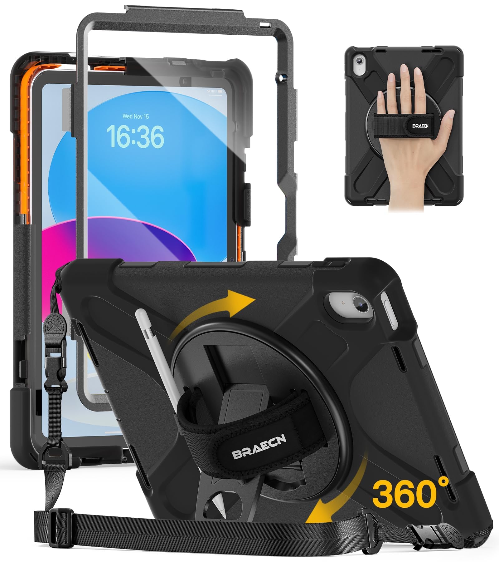 BRAECN for iPad (A16) 11th/10th Generation case 11/10.9 inch 2025/2022 Heavy Duty Shockproof Protective with Pencil Holder Screen Protector 360°