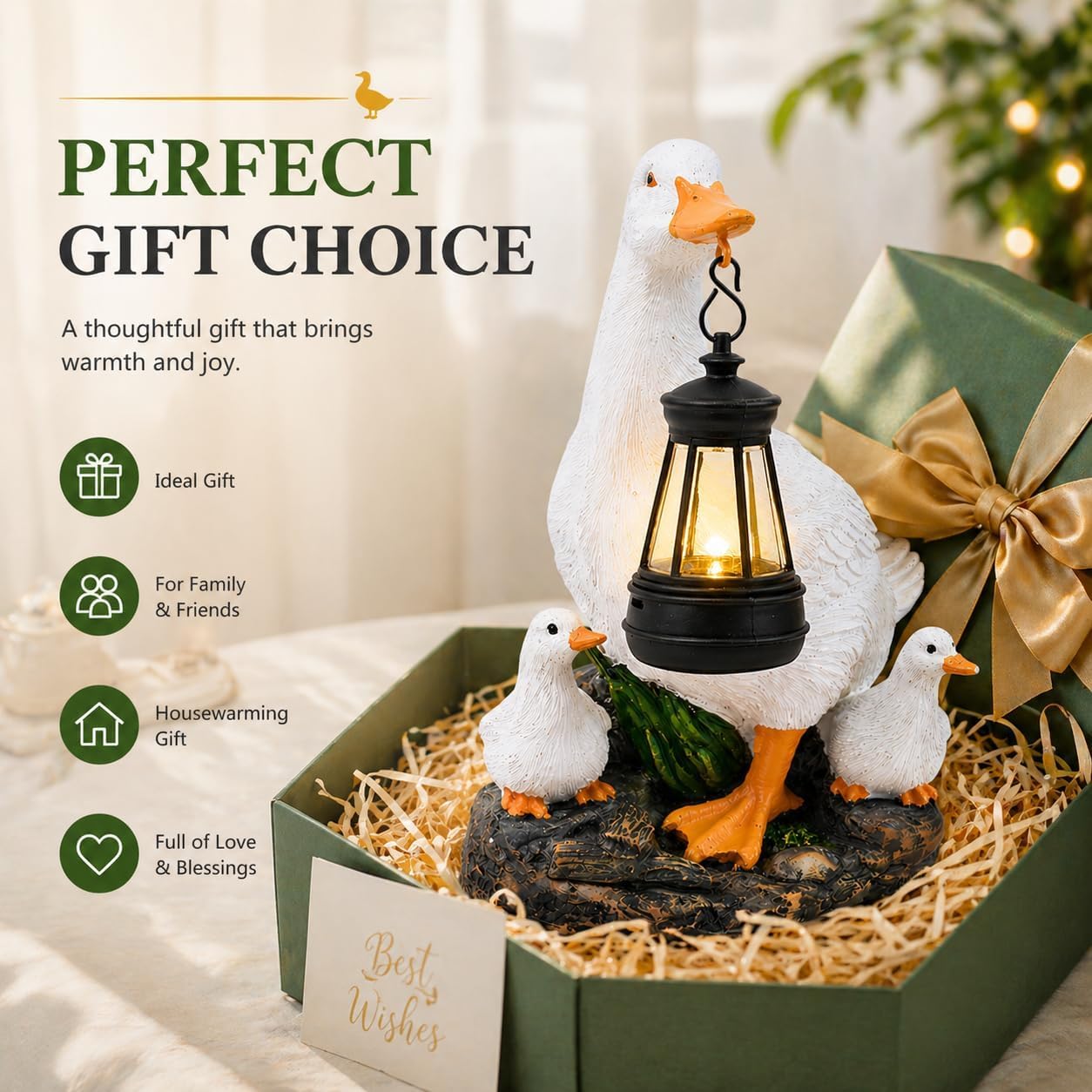 Solar Garden Duck Statue with Hanging Lantern, Outdoor Duck Figurine with 2 Ducklings, Waterproof Resin Animal Solar Lights for Yard Lawn Patio Decor, Garden Birthday Gift for Mom Women (White Duck)..