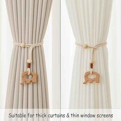 Miniatura 3 de Abrazaderas de madera para cortinas de animales, cuerdas de algodón, para tratamiento de ventanas con cuentas de madera natural para decoración del