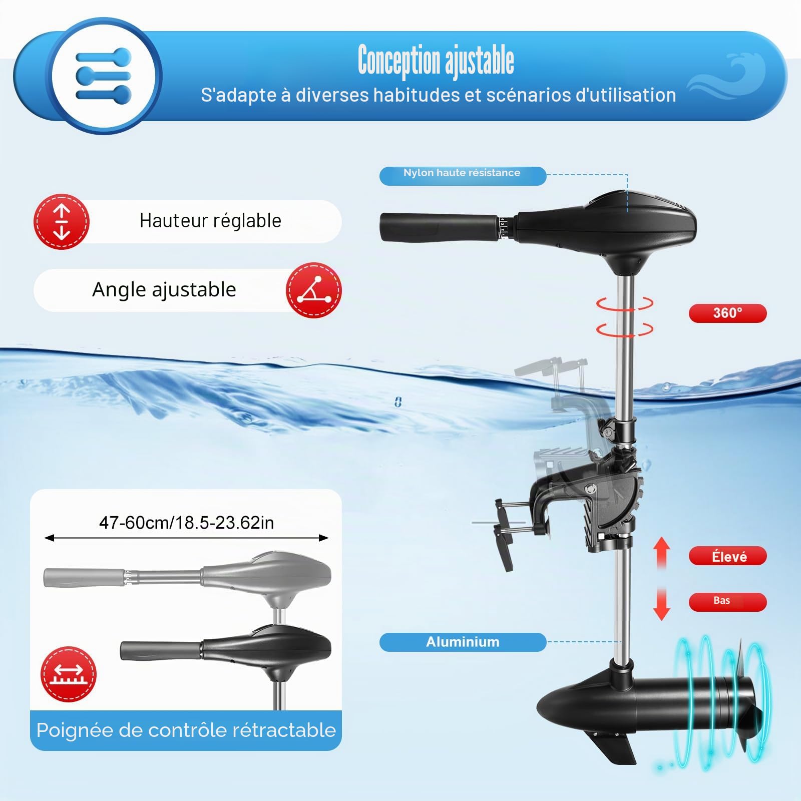Moteur électrique hors-bord pour bateau 12 V 58 lbs Force de poussée Moteur électrique sans permis de conduire Bateau pneumatique Moteur électrique 5 vitesses avant 3 vitesses arrière Moteur